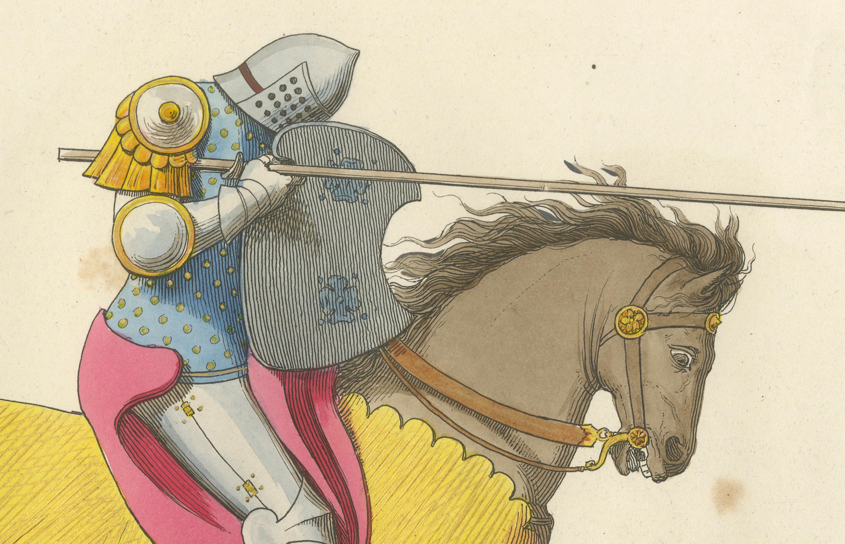 Gravé C Knight Knight en armure de tournoi c.1400 - Estampe ancienne, 1845 en vente