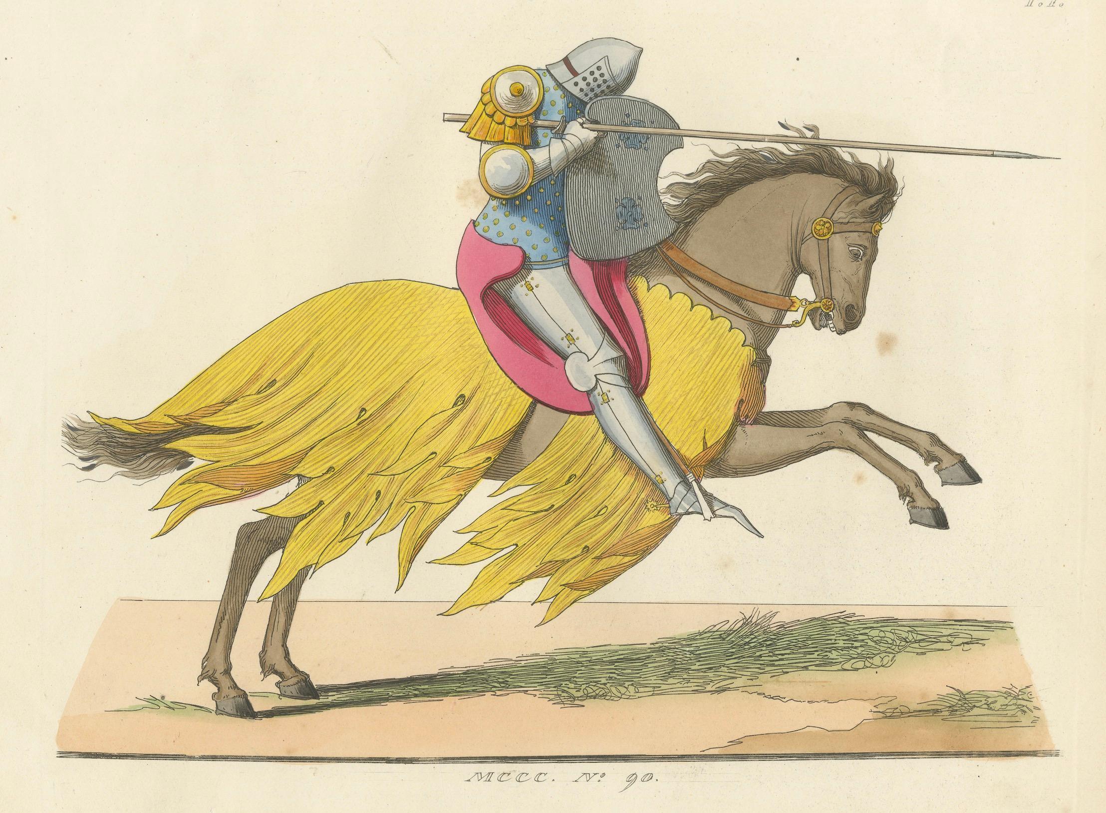 C Knight Knight en armure de tournoi c.1400 - Estampe ancienne, 1845 Bon état - En vente à Langweer, NL