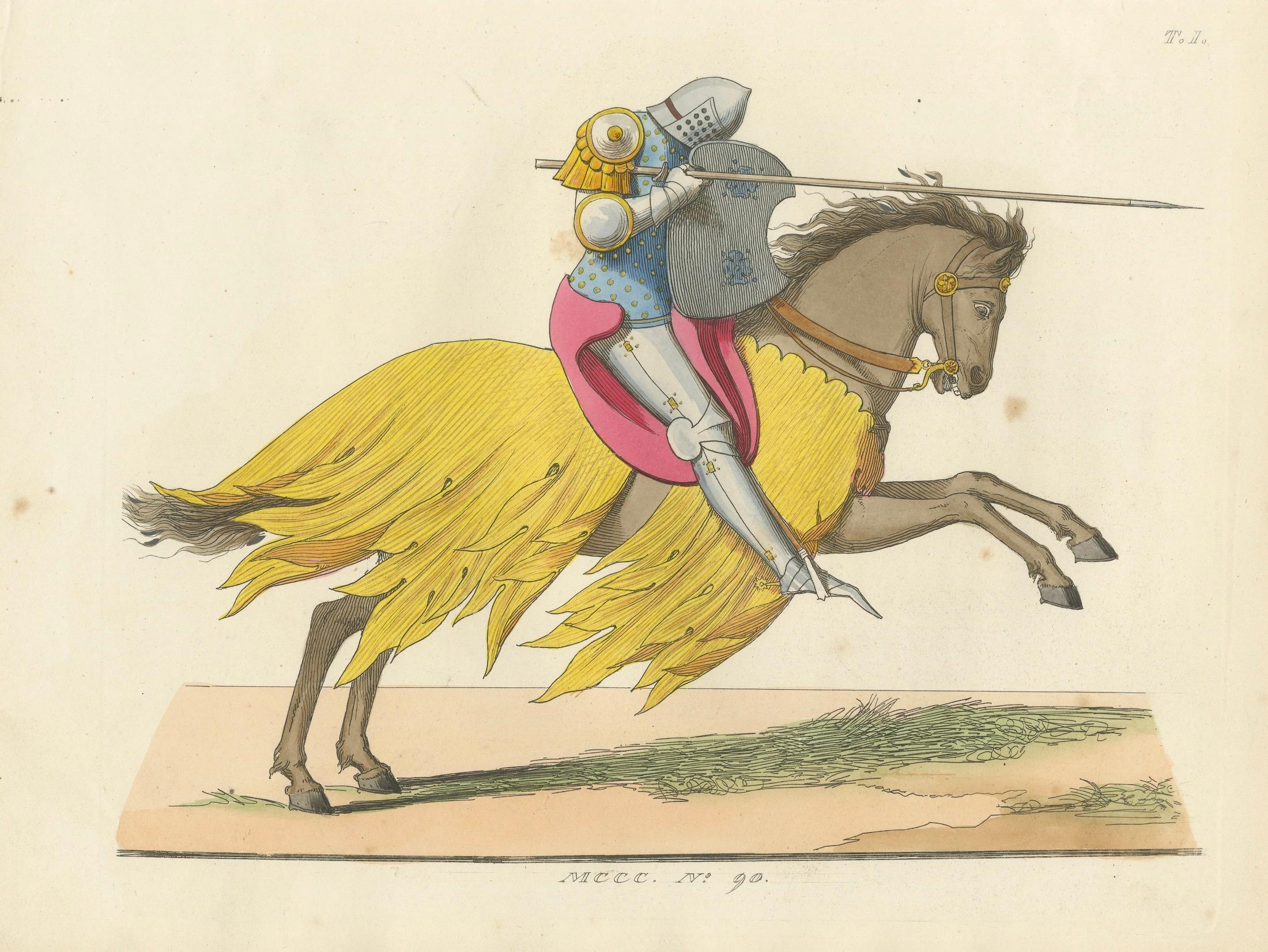 XIXe siècle C Knight Knight en armure de tournoi c.1400 - Estampe ancienne, 1845 en vente