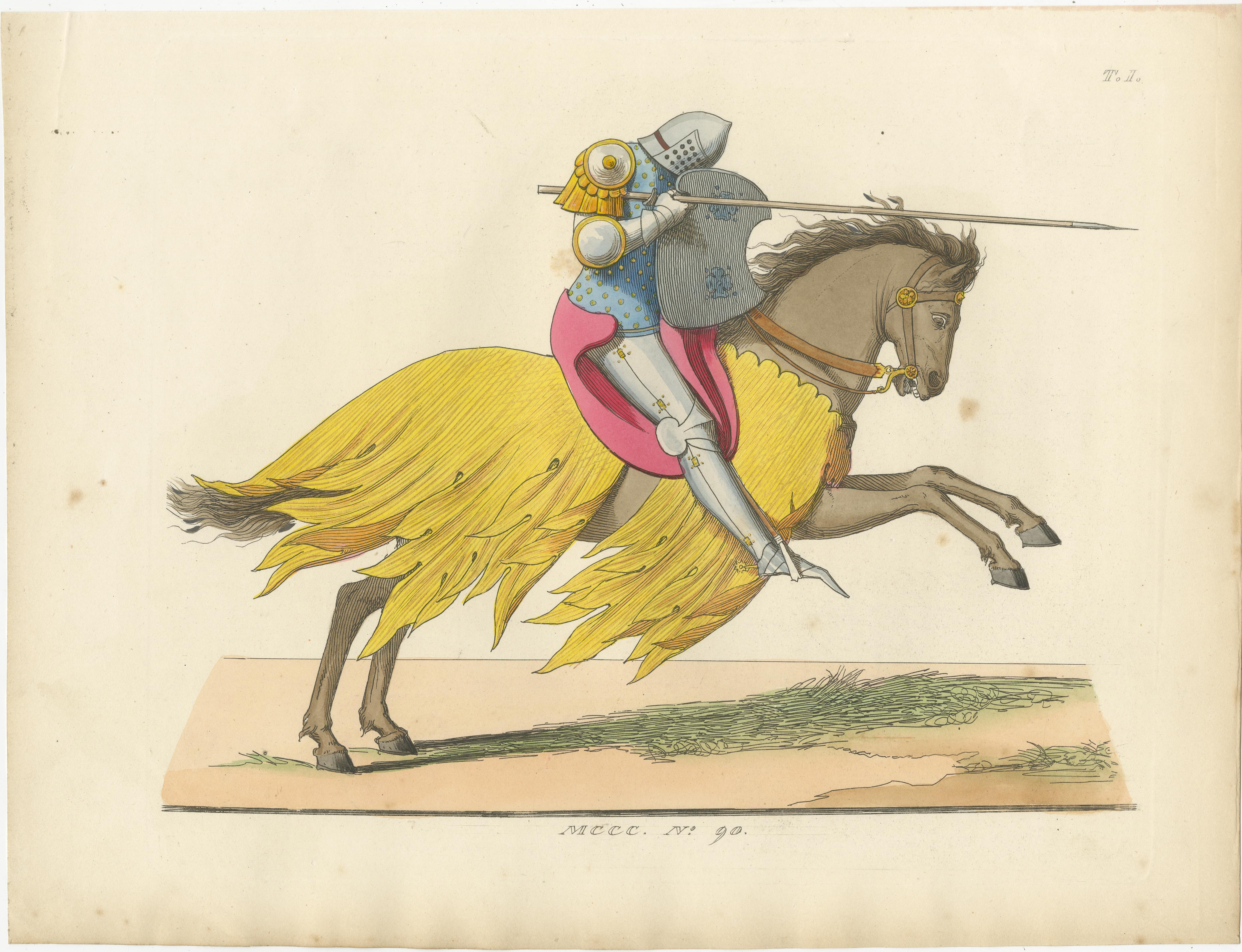Papier C Knight Knight en armure de tournoi c.1400 - Estampe ancienne, 1845 en vente