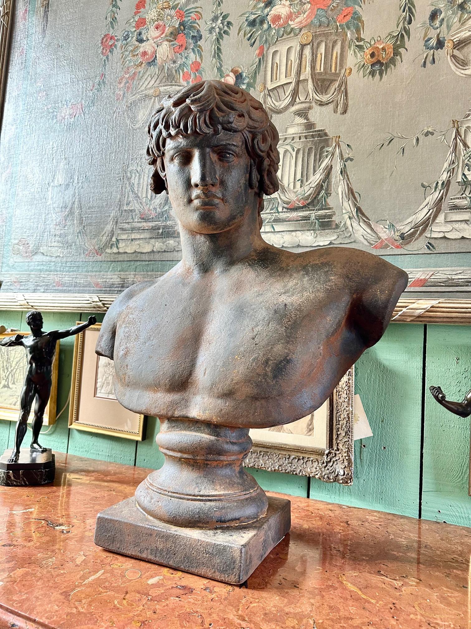 European Mounted Large Bust God of Beauty Cast Study Of Antinous in Roman Style Sculpture For Sale