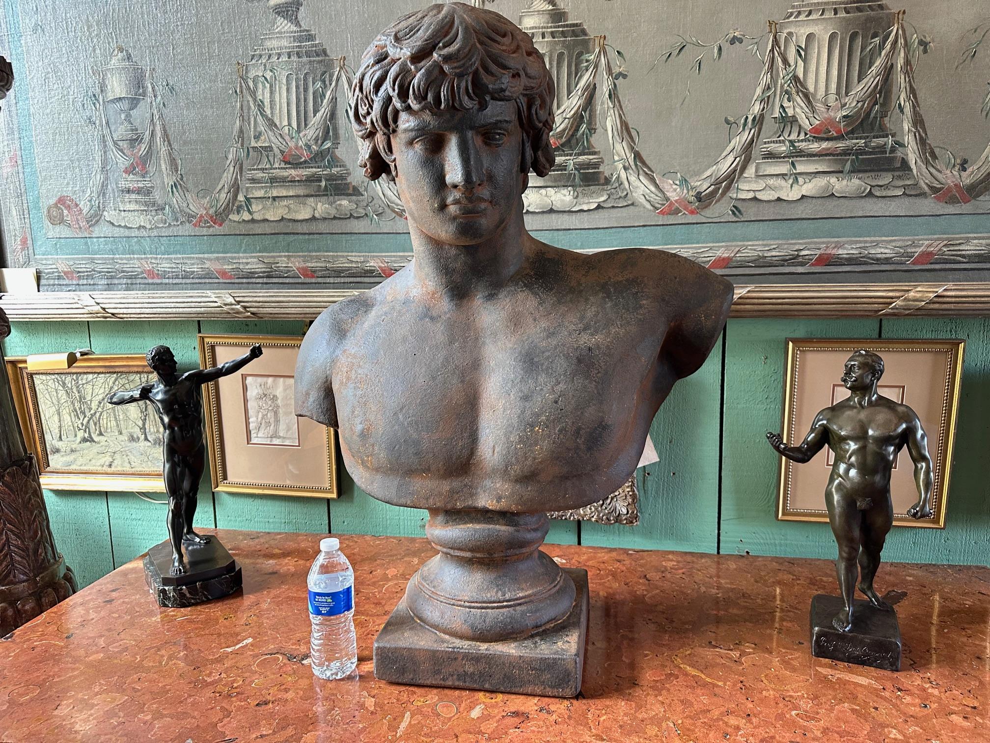 20th Century Mounted Large Bust God of Beauty Cast Study Of Antinous in Roman Style Sculpture For Sale