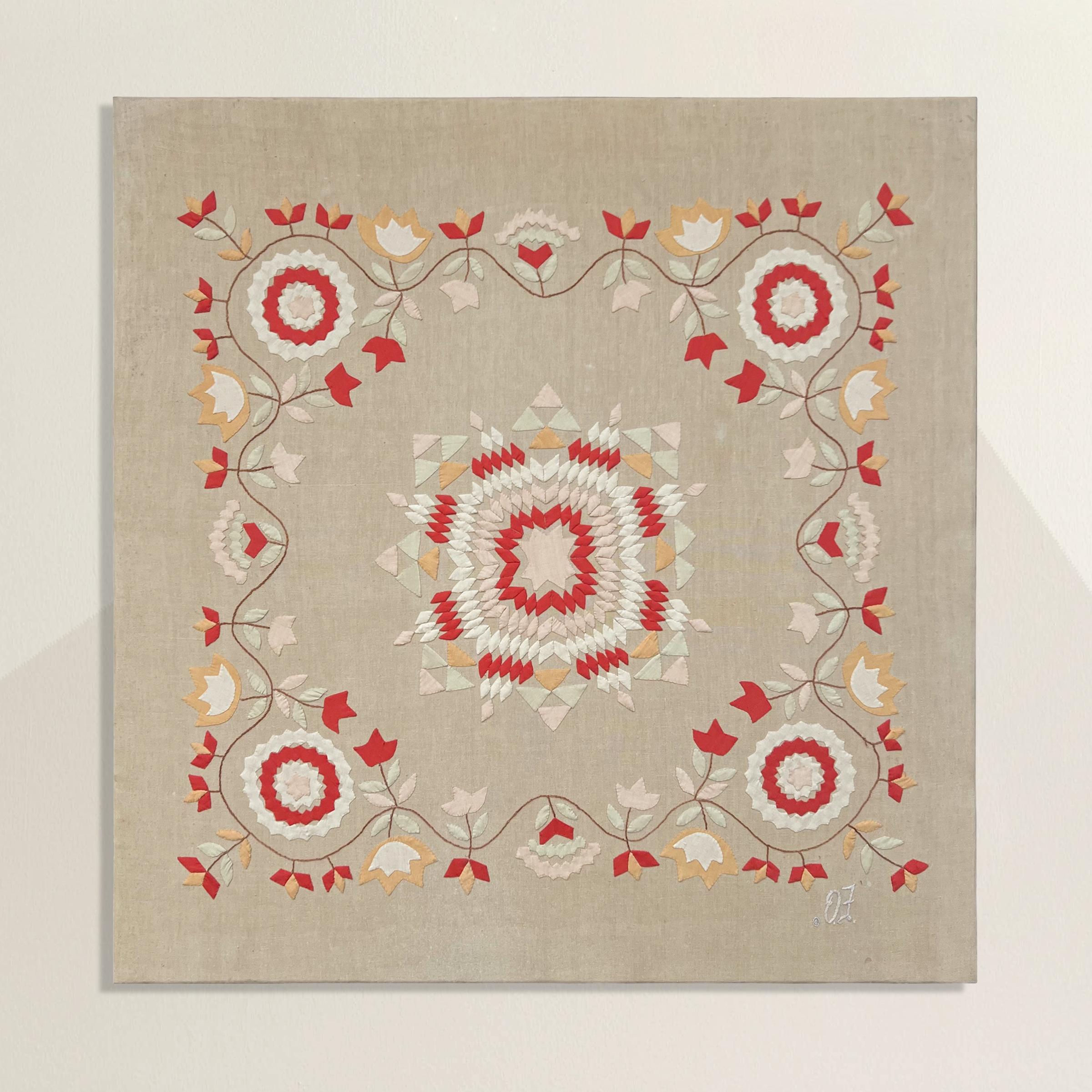 Transport yourself to the late 19th century with this exquisite American appliqué textile, a testament to traditional craftsmanship. At its heart, a captivating eight-point quilt star pattern unfolds in a harmonious dance of crimson, white, pale