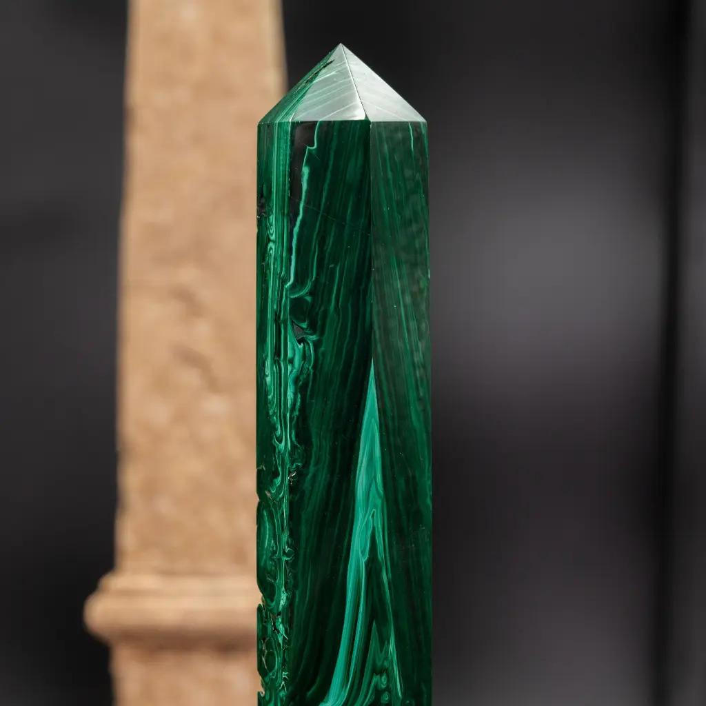 Organic Modern Mounted Malachite Obelisk – Sparkling and Virtuous Natural Stone For Sale