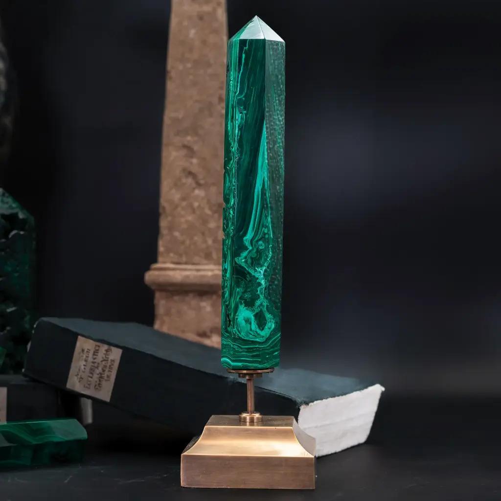 French Mounted Malachite Obelisk – Sparkling and Virtuous Natural Stone For Sale