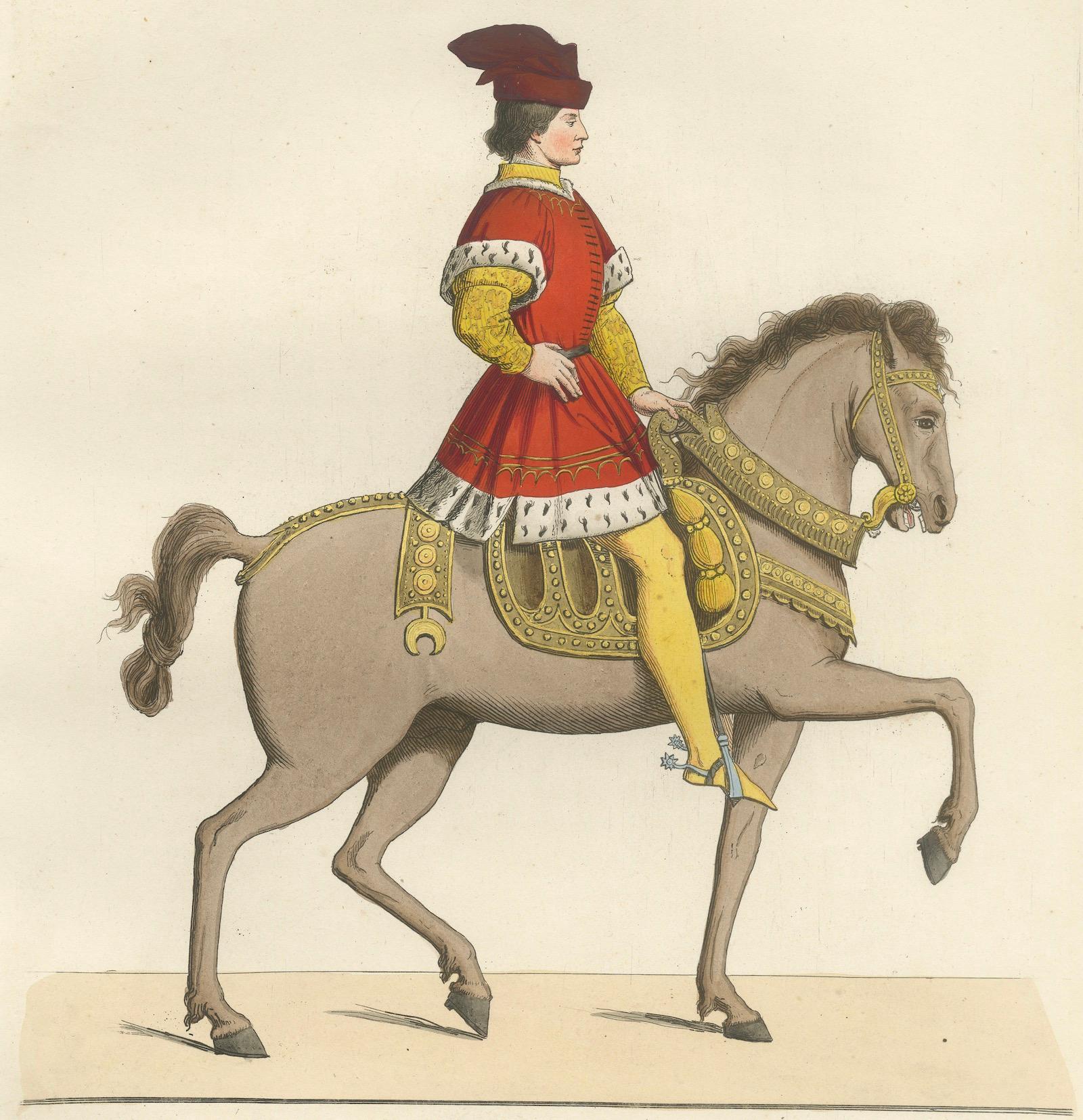 Mounted Nobleman in Parade Dress – Italian Renaissance Equestrian Portrait

This vivid hand-colored print, marked No.68, presents a striking image of a Renaissance nobleman on horseback, dressed in ceremonial attire designed to impress. The figure