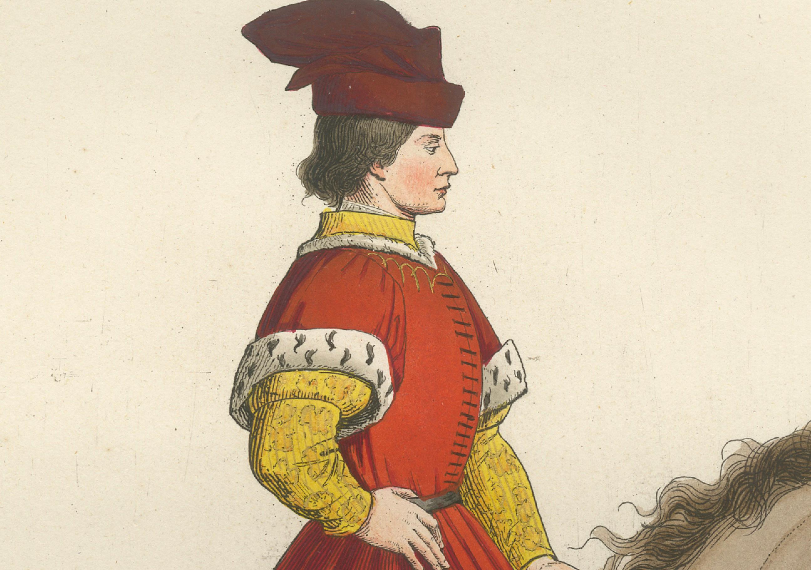 Engraved Mounted Nobleman in Parade Dress – Italian Renaissance Equestrian Portrait, 1845 For Sale