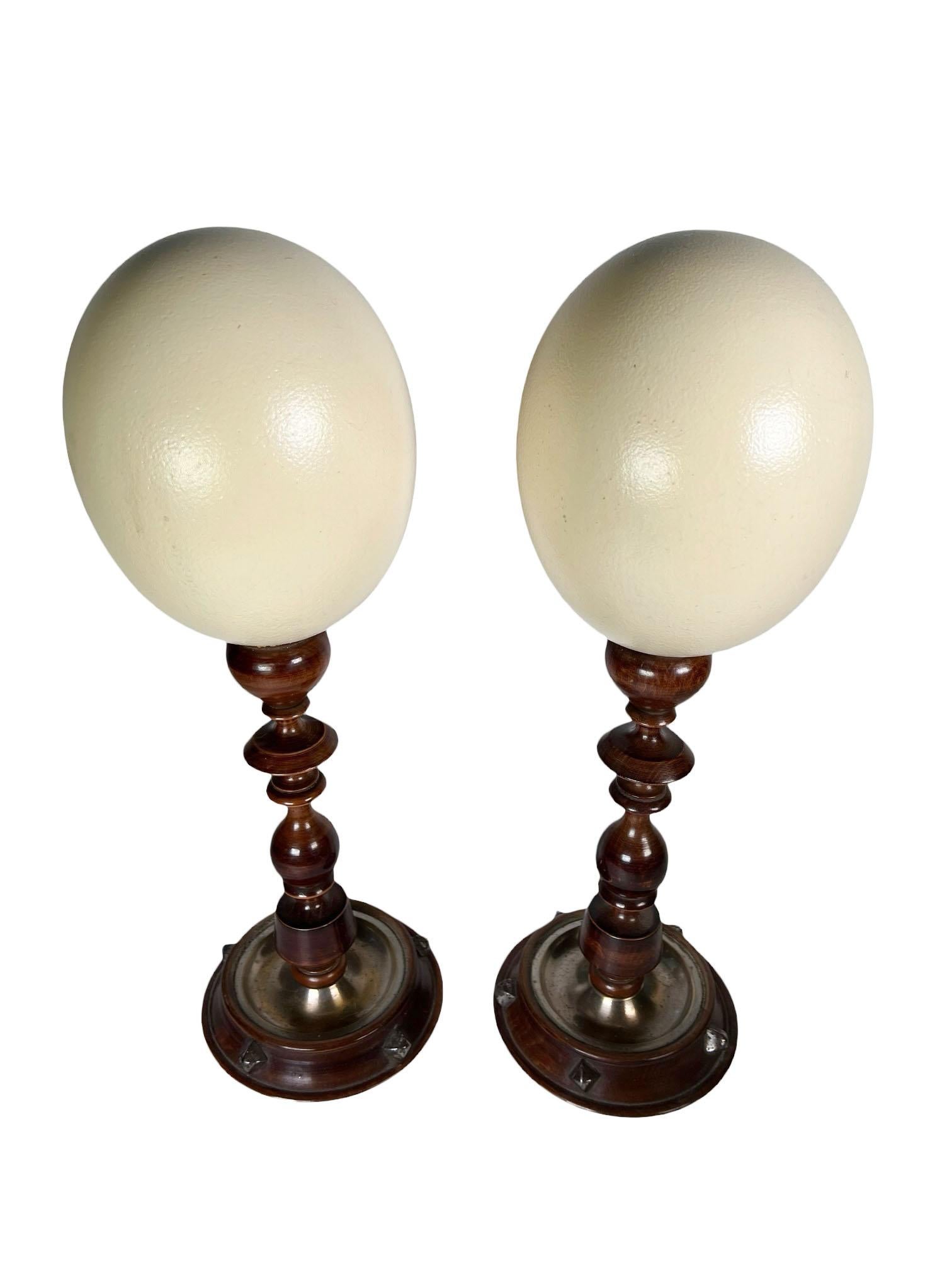 Una coppia di uova di struzzo montate su una base di legno antico con borchie in metallo. Origine europea, circa 1900. 