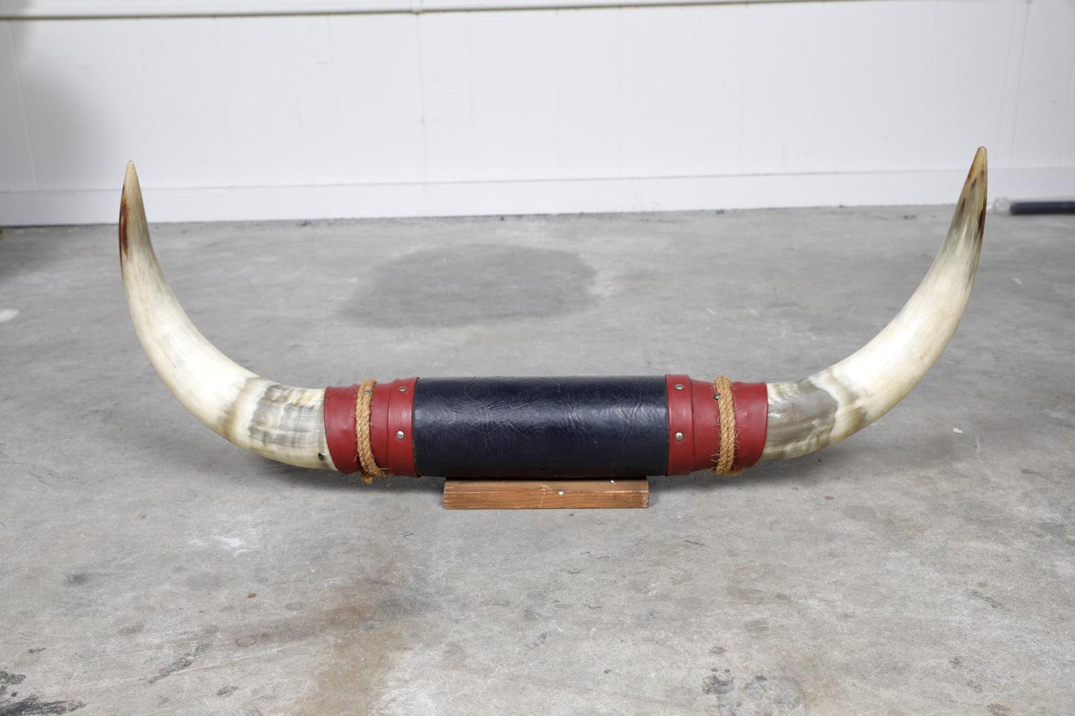 Midcentury pair of American taxidermy steer horns bound by black and red leather, decorative nailheads and rope, and mounted onto a wooden block for wall display.