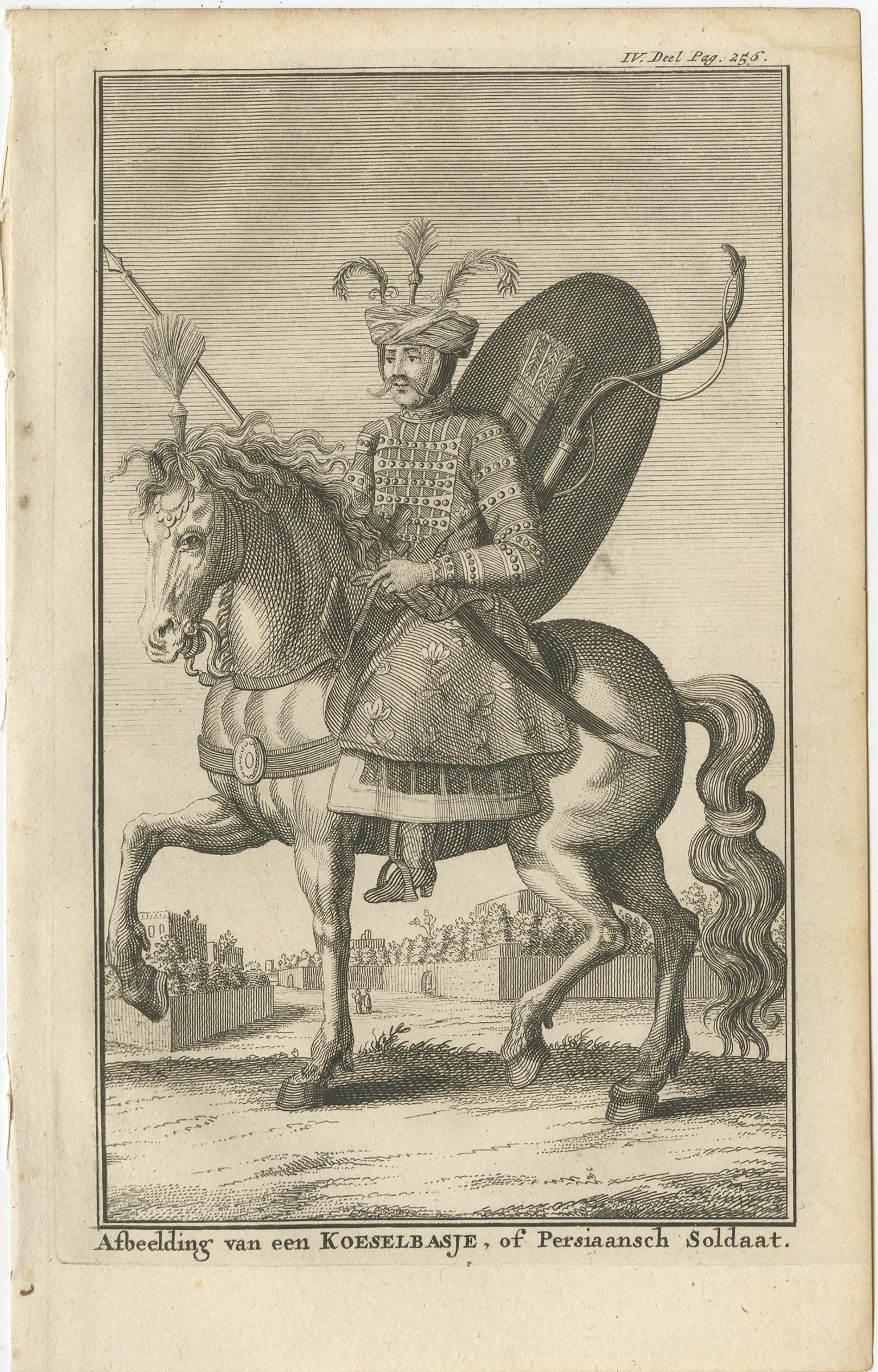 Soldado persa montado (KoeseIbasje) - Grabado antiguo de traje militar safávida, c.1730

Este impresionante grabado del siglo XVIII representa a un soldado de caballería persa fuertemente armado conocido como 