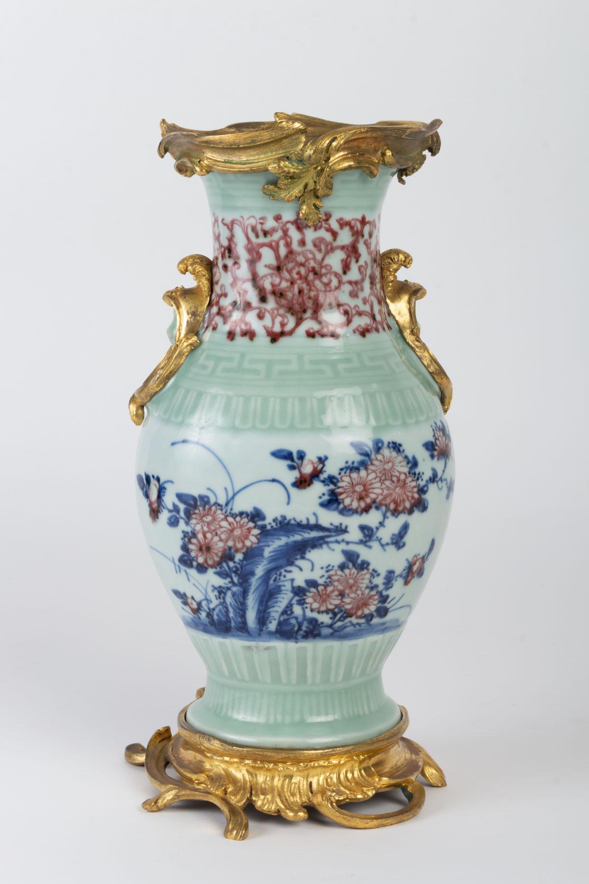 18th Century and Earlier Mounted Porcelain Vase, Gilt Bronze and Chiselled, 18th Century