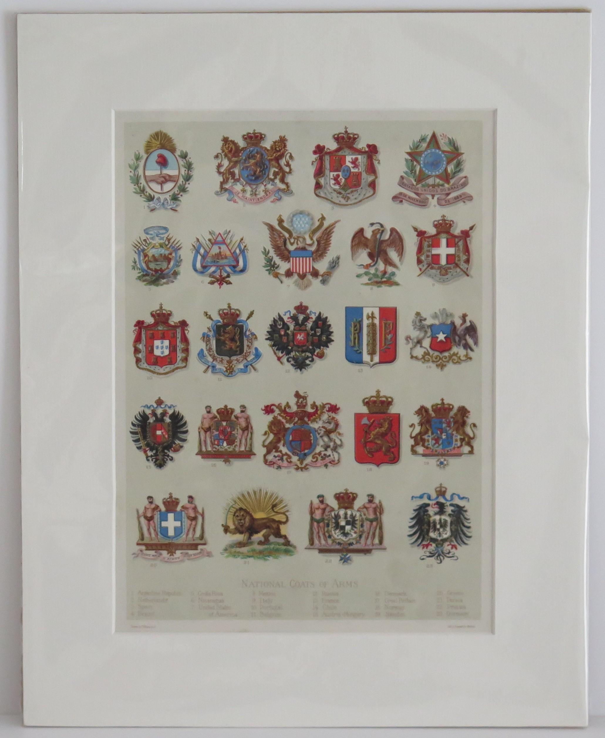 This is a very good coloured Lithograph Print of National Coats Of Arms. 

The print is mounted all ready for framing.
The external measurements of the mount are 12 W x 15 H and the print is 8 W x 11 H, all in inches.

It shows the individual