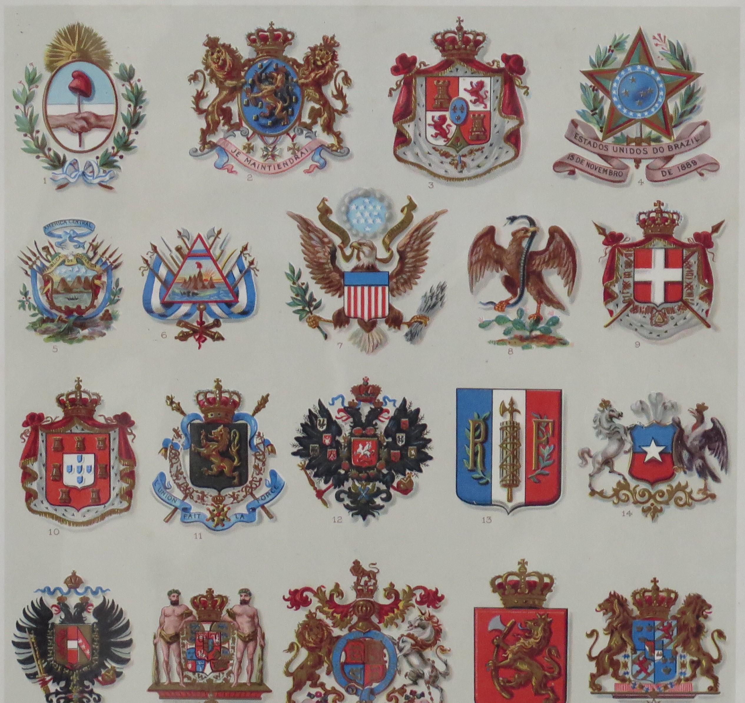 American Mounted Print of National Coats of Arms by Tiffany & Co. from 1895 Encyclopedia  For Sale