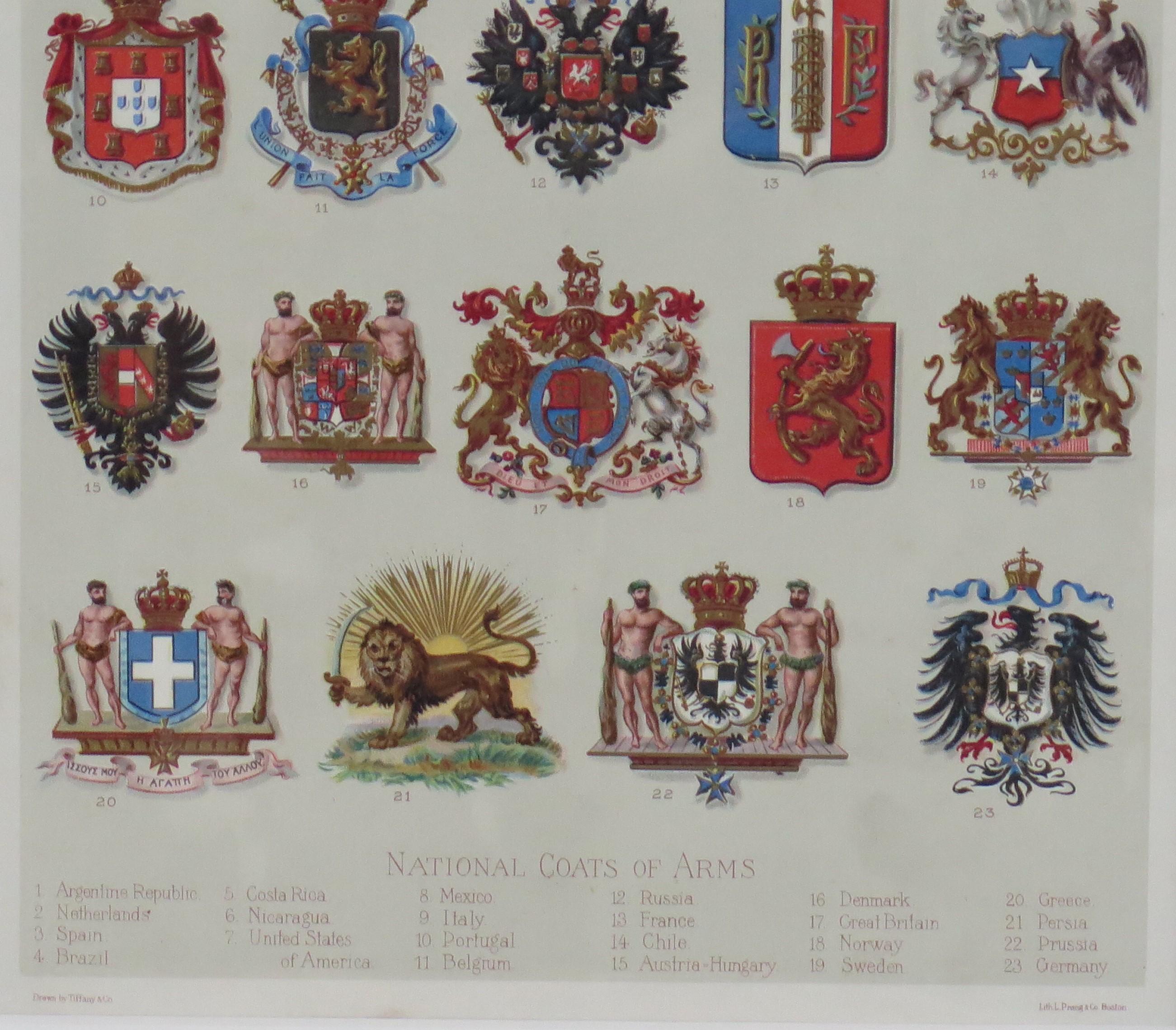 Mounted Print of National Coats of Arms by Tiffany & Co. from 1895 Encyclopedia  In Good Condition For Sale In Lincoln, Lincolnshire