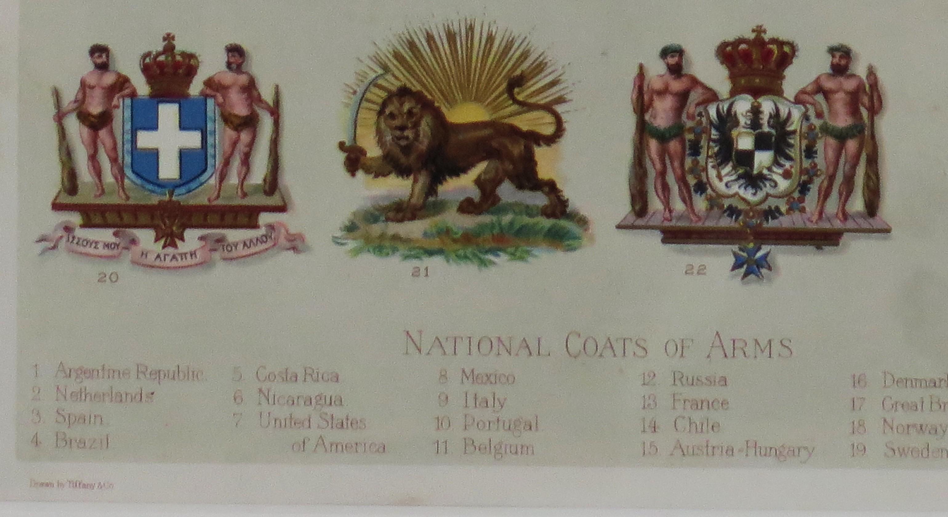 19th Century Mounted Print of National Coats of Arms by Tiffany & Co. from 1895 Encyclopedia  For Sale
