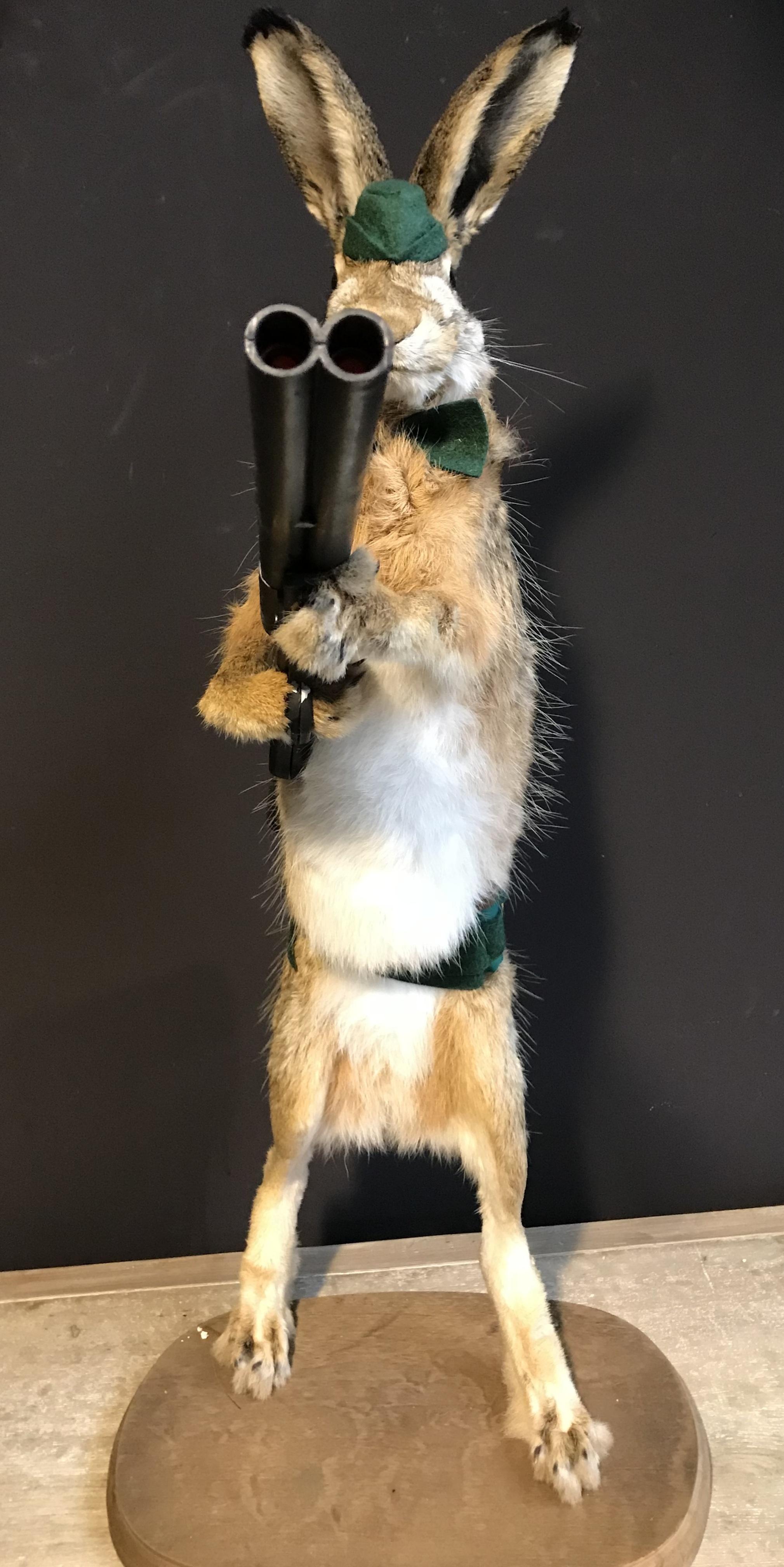 Patent Leather Mounted Taxidermy Hare with Rifle For Sale