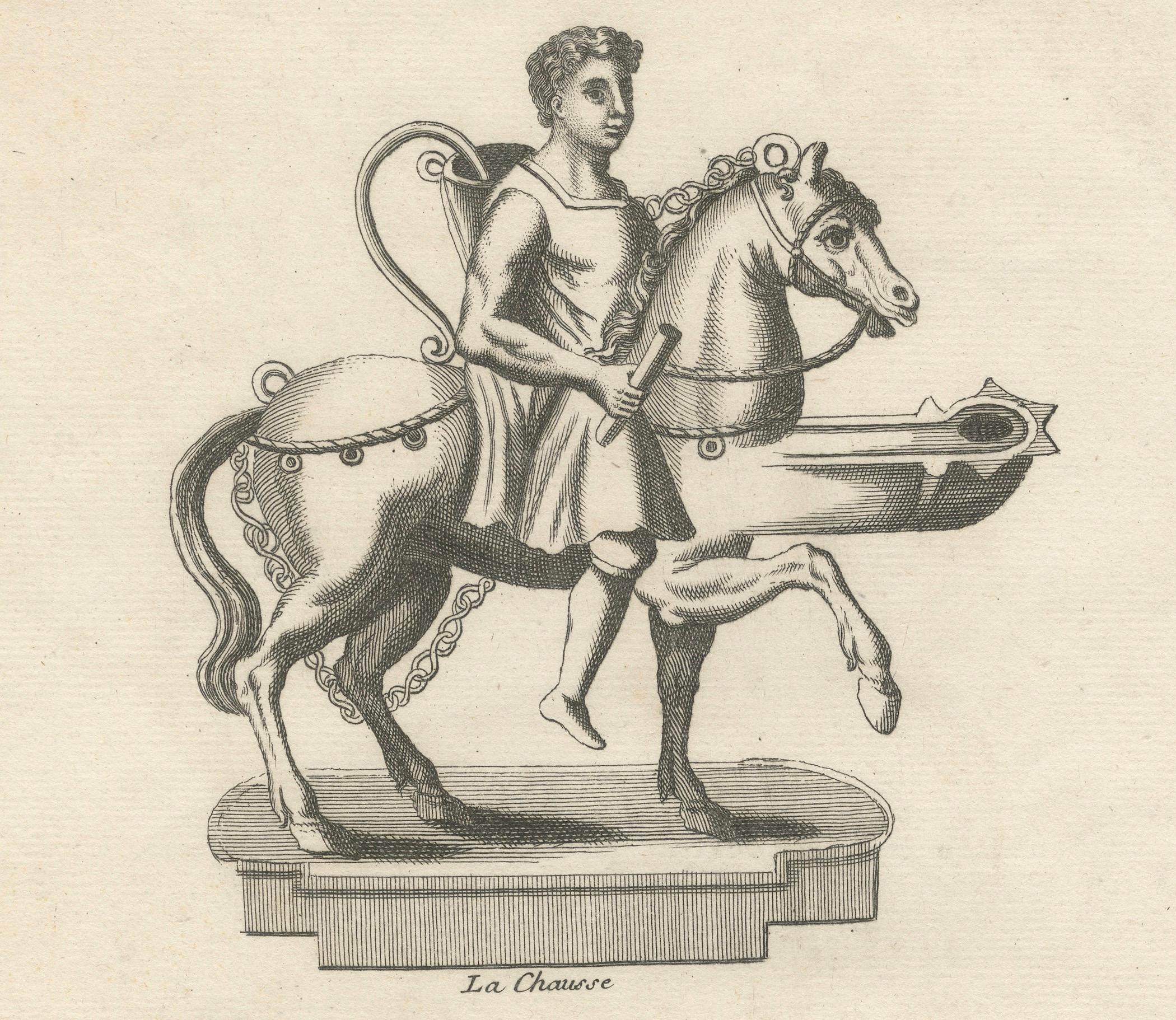 Paper Mounted Warrior Lamp: Montfaucon's Antiquities Engraved, 1722 For Sale