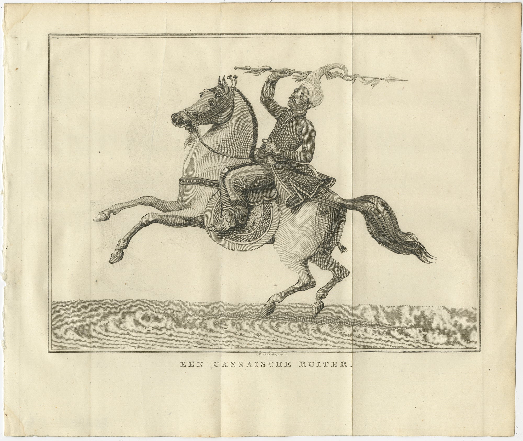 Guerrero montado de la región de Kassai - Grabado antiguo de trajes, hacia 1800

Este dramático grabado antiguo titulado 