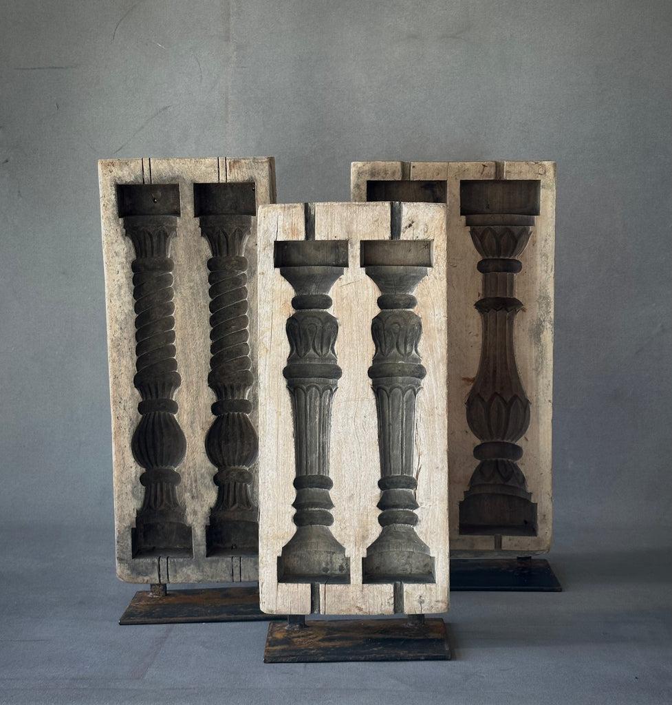 Mounted 19th century French wooden balustrade molds made in various sizes. The finely carved surface produces a unique graphic yet sculptural effect. Wonderful displayed in groupings of two or three. 10 available.

France, circa