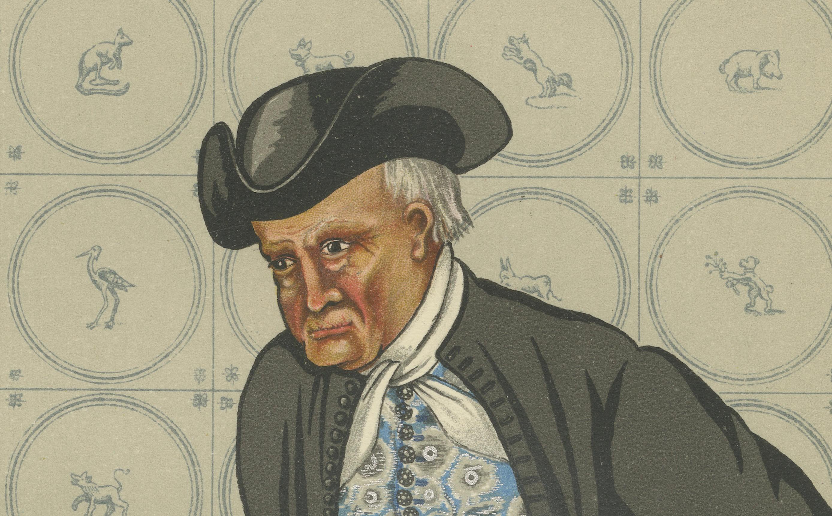 Trauerndes Kleid in Hindeloopen mit Delft Stove, Lithographie, 1932 (Mitte des 20. Jahrhunderts) im Angebot