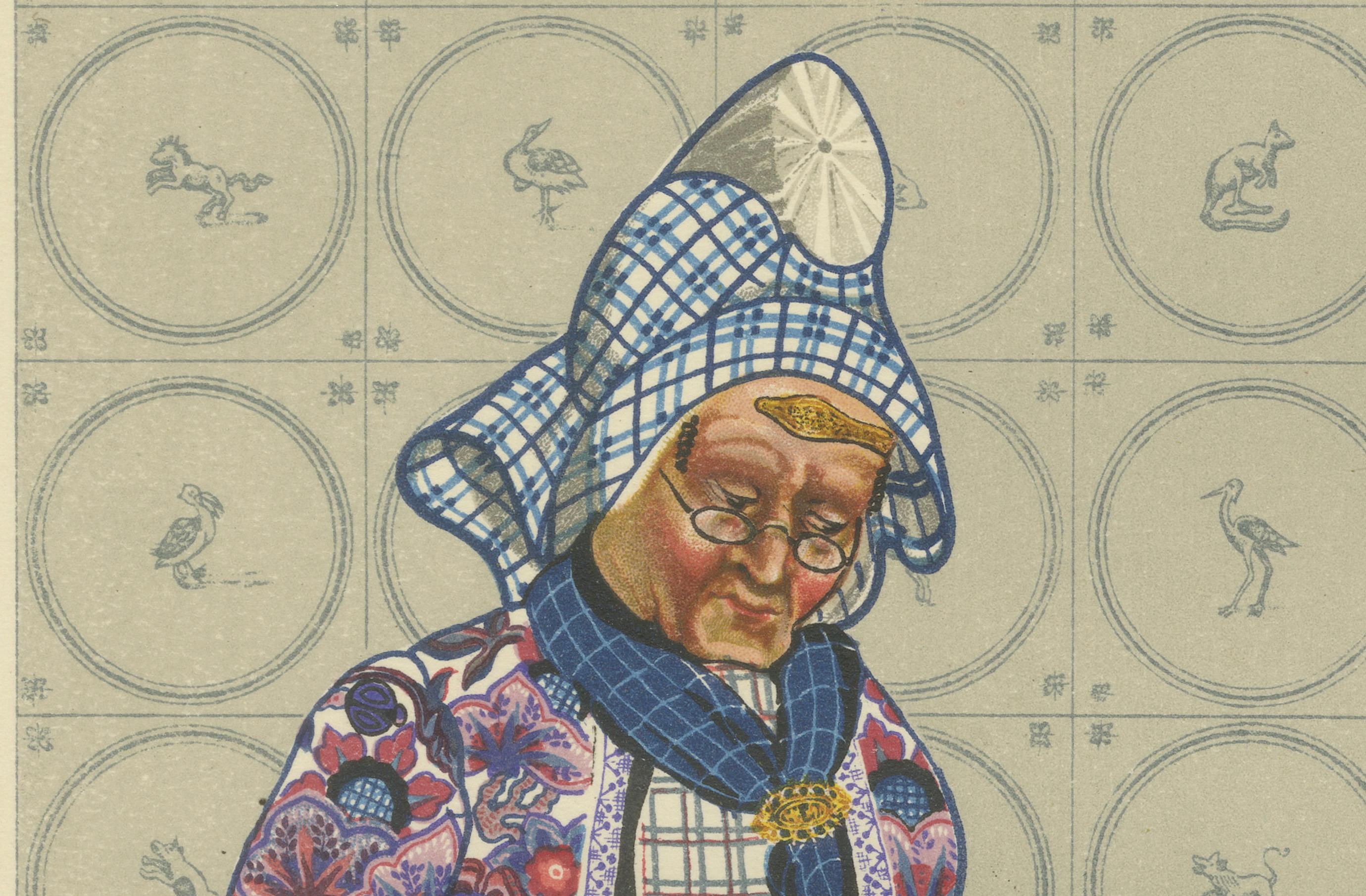 Trauerndes Kleid in Hindeloopen mit Delft Stove, Lithographie, 1932 (Papier) im Angebot
