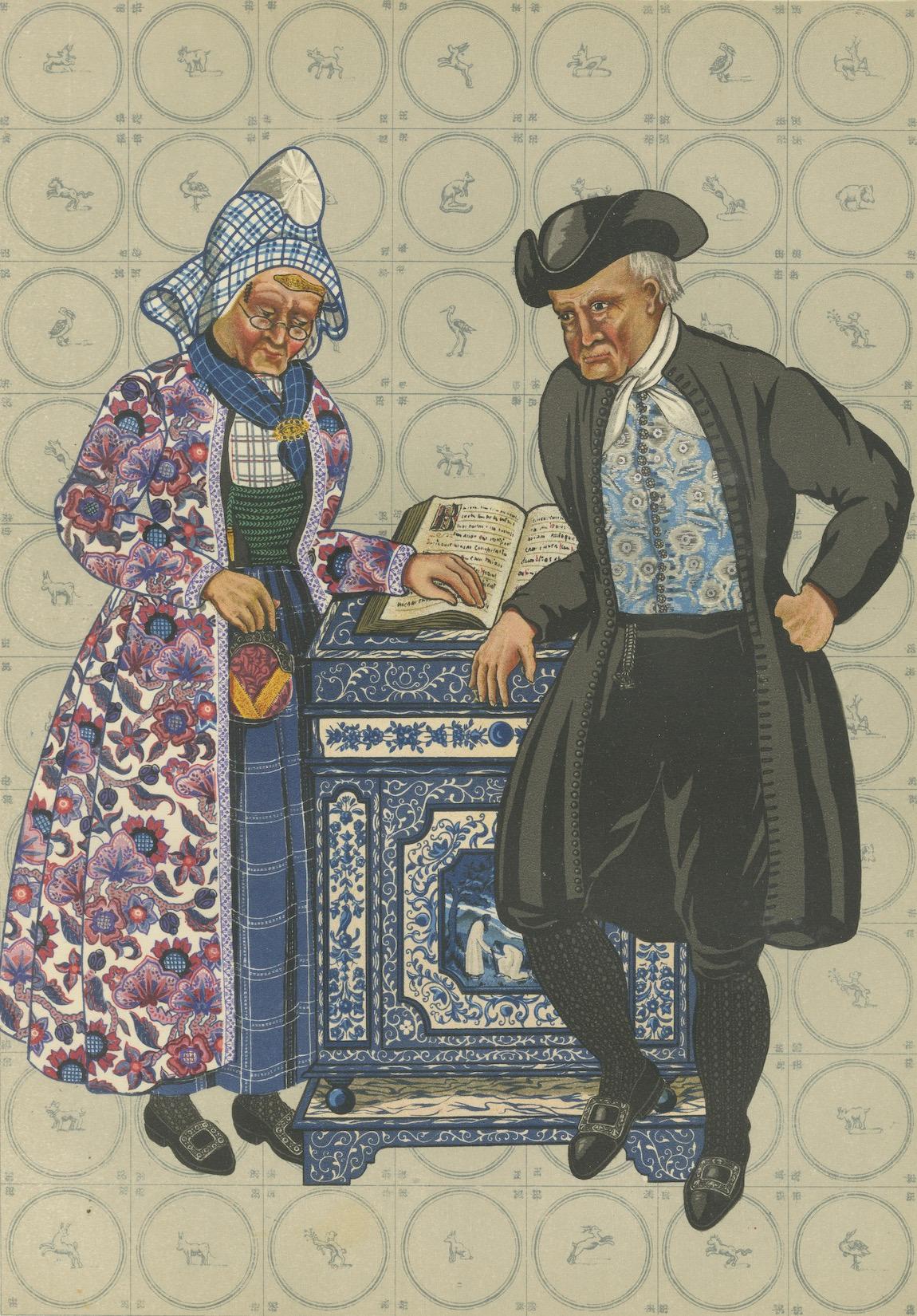 Trauerndes Kleid in Hindeloopen mit Delft Stove, Lithographie, 1932 im Angebot 2