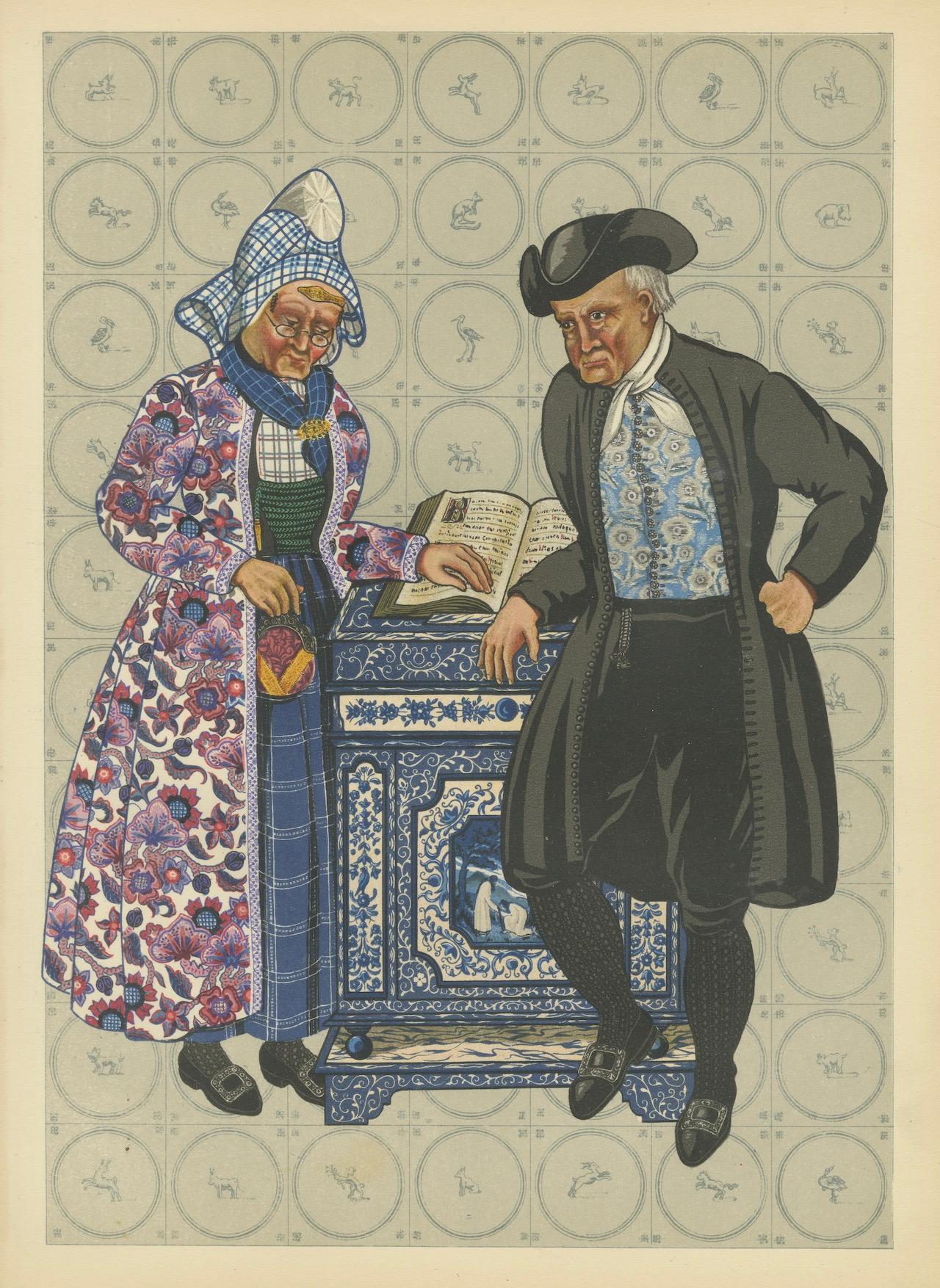 Trauerndes Kleid in Hindeloopen mit Delft Stove, Lithographie, 1932 im Angebot 3