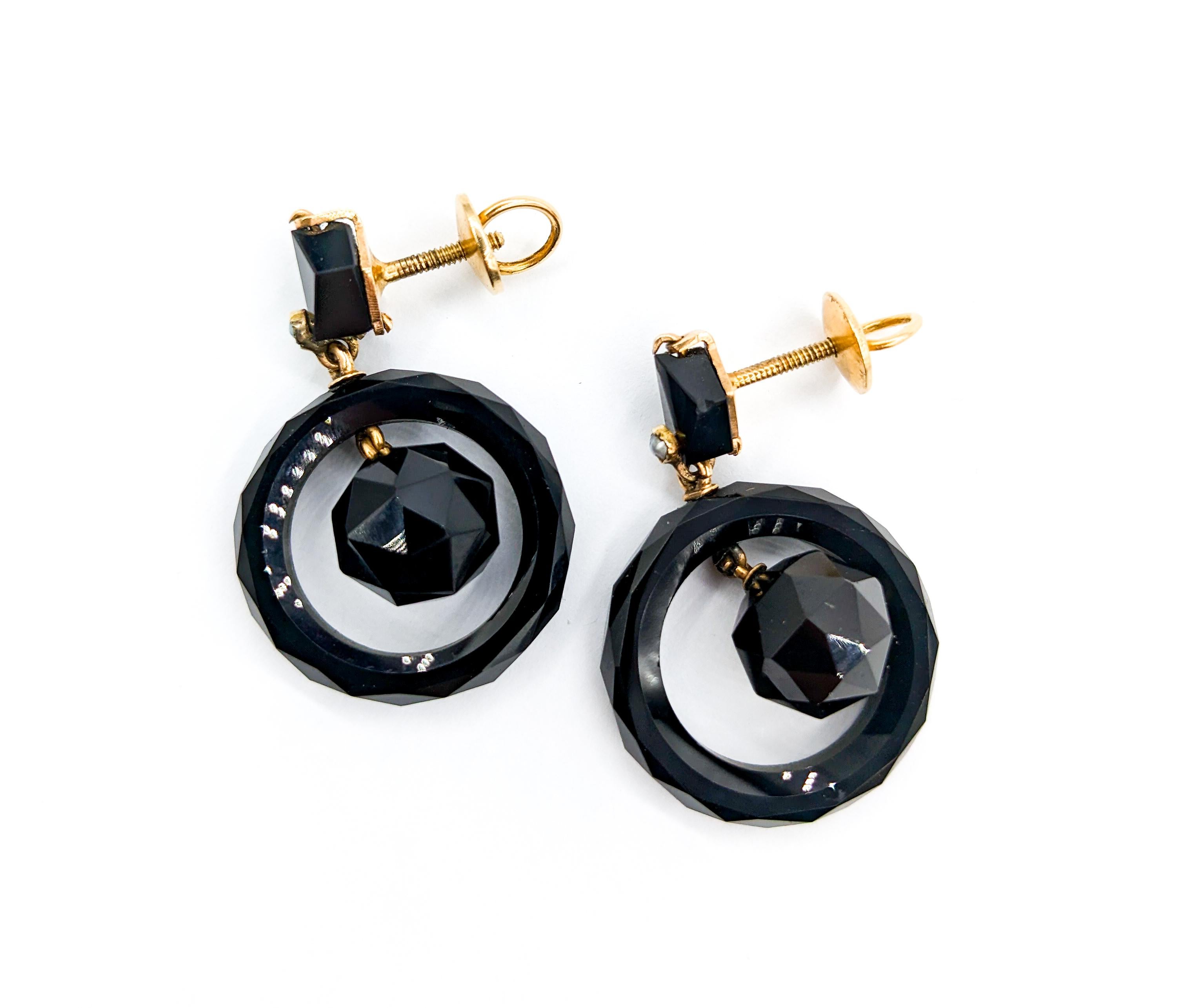 Mourning Faceted Onyx Stud Earrings with Seed Pearls in 14K Gold 4