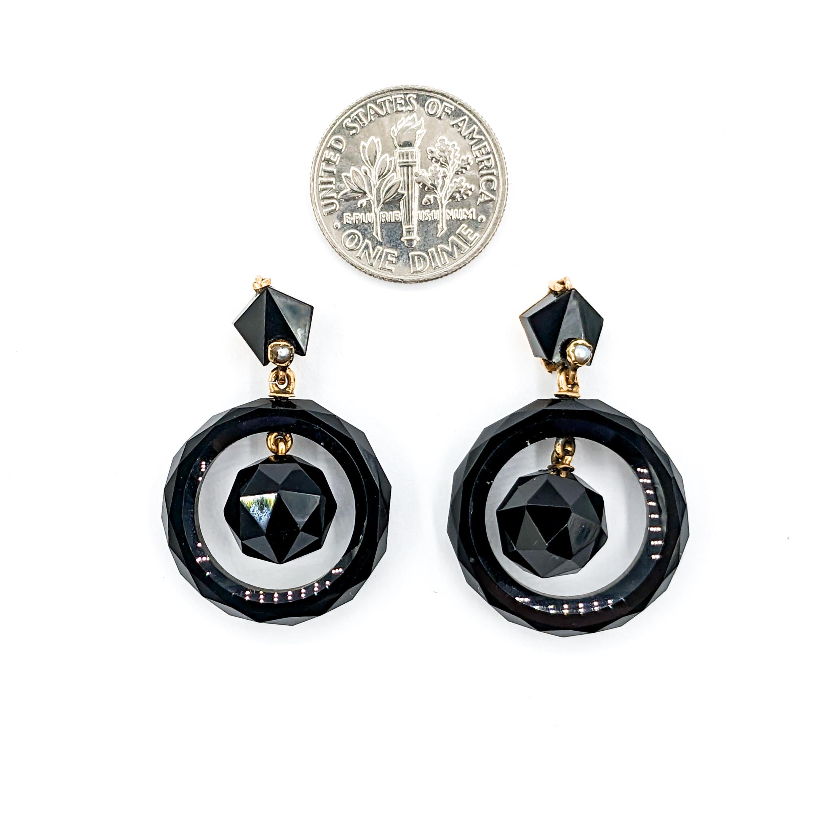 Round Cut Mourning Faceted Onyx Stud Earrings with Seed Pearls in 14K Gold