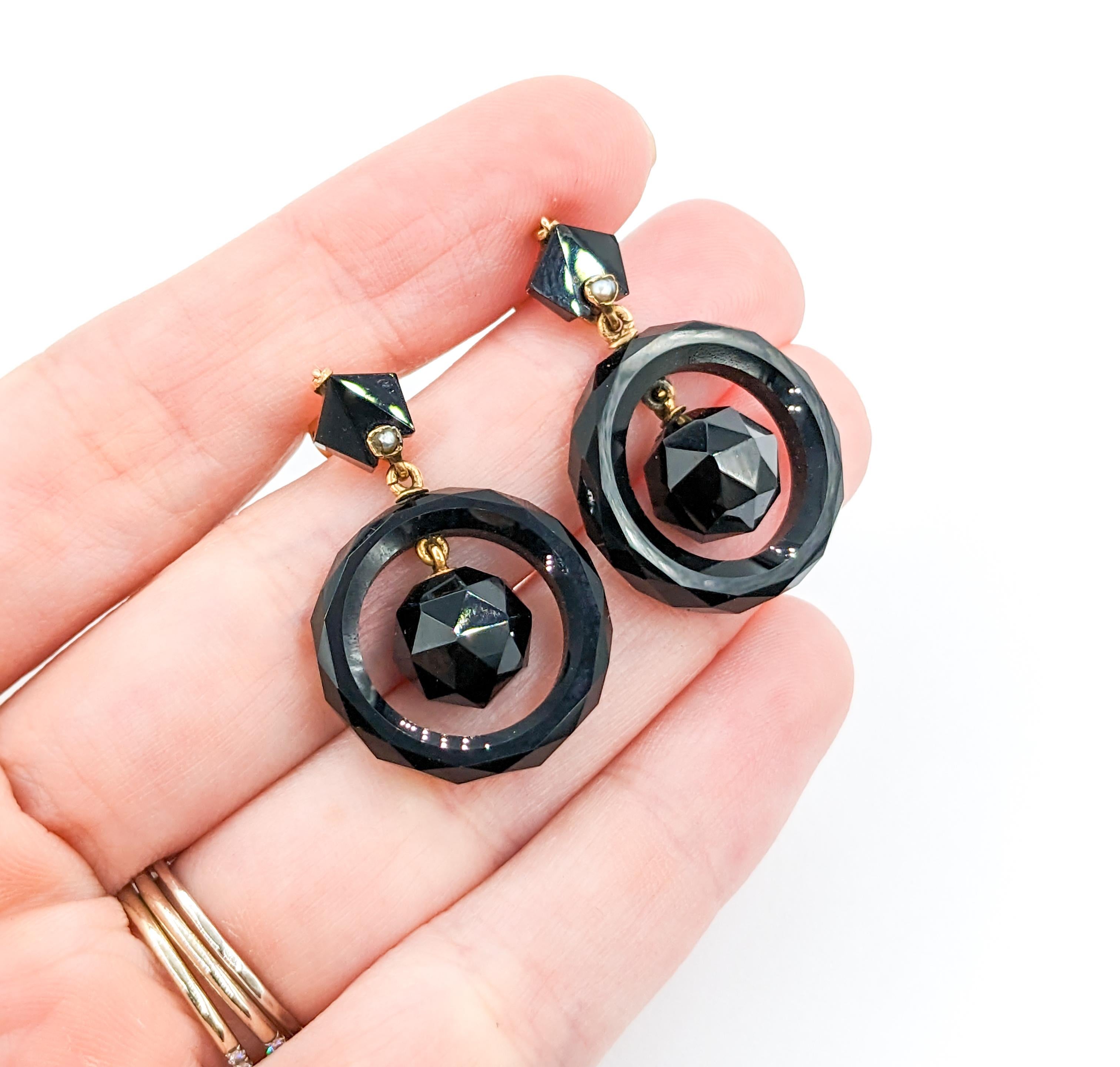 Mourning Faceted Onyx Stud Earrings with Seed Pearls in 14K Gold 2