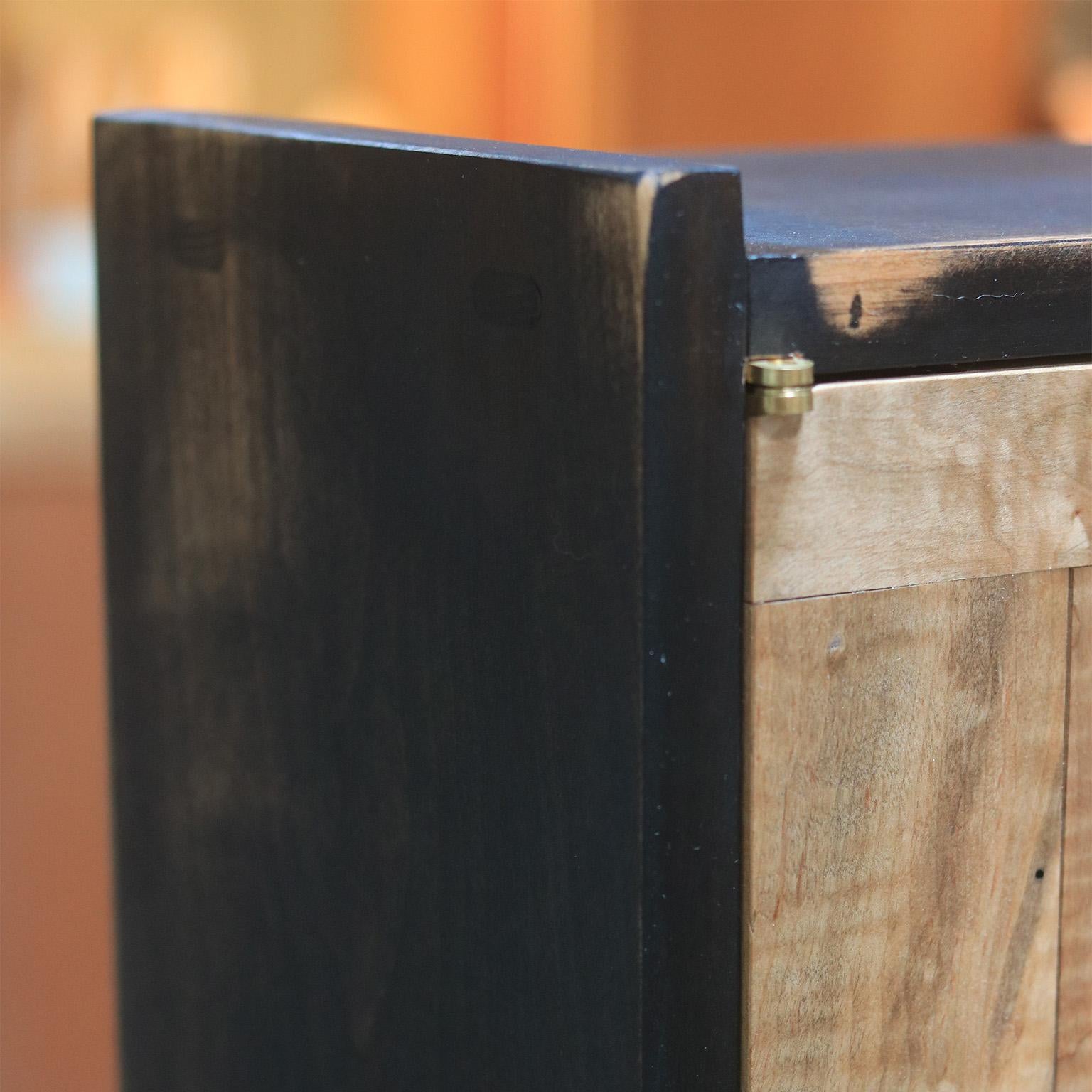 Hand-Crafted Mousai Dark Lightly Distressed Wall Cabinet With Figured Maple Doors For Sale