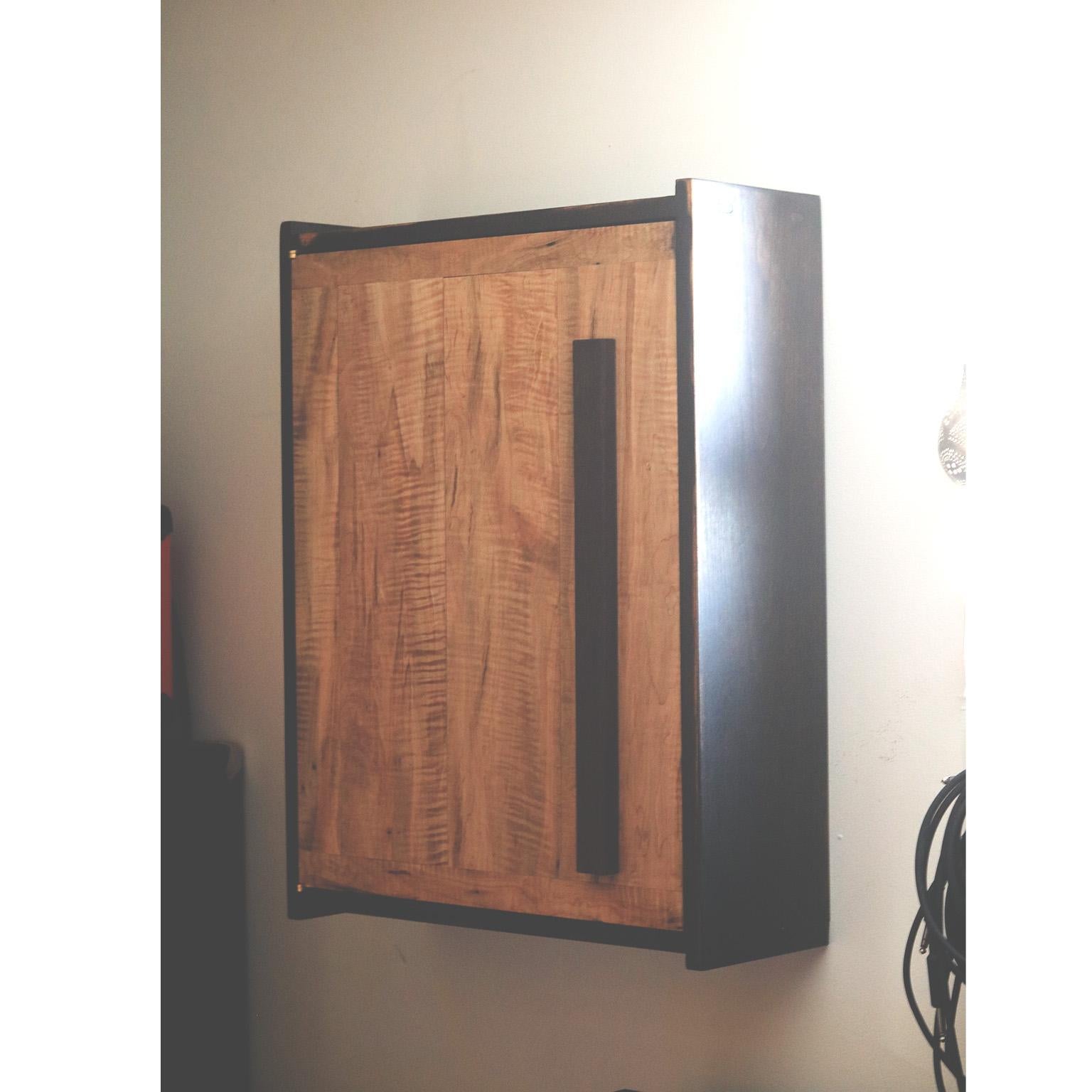 Contemporary Mousai Dark Lightly Distressed Wall Cabinet With Figured Maple Doors For Sale