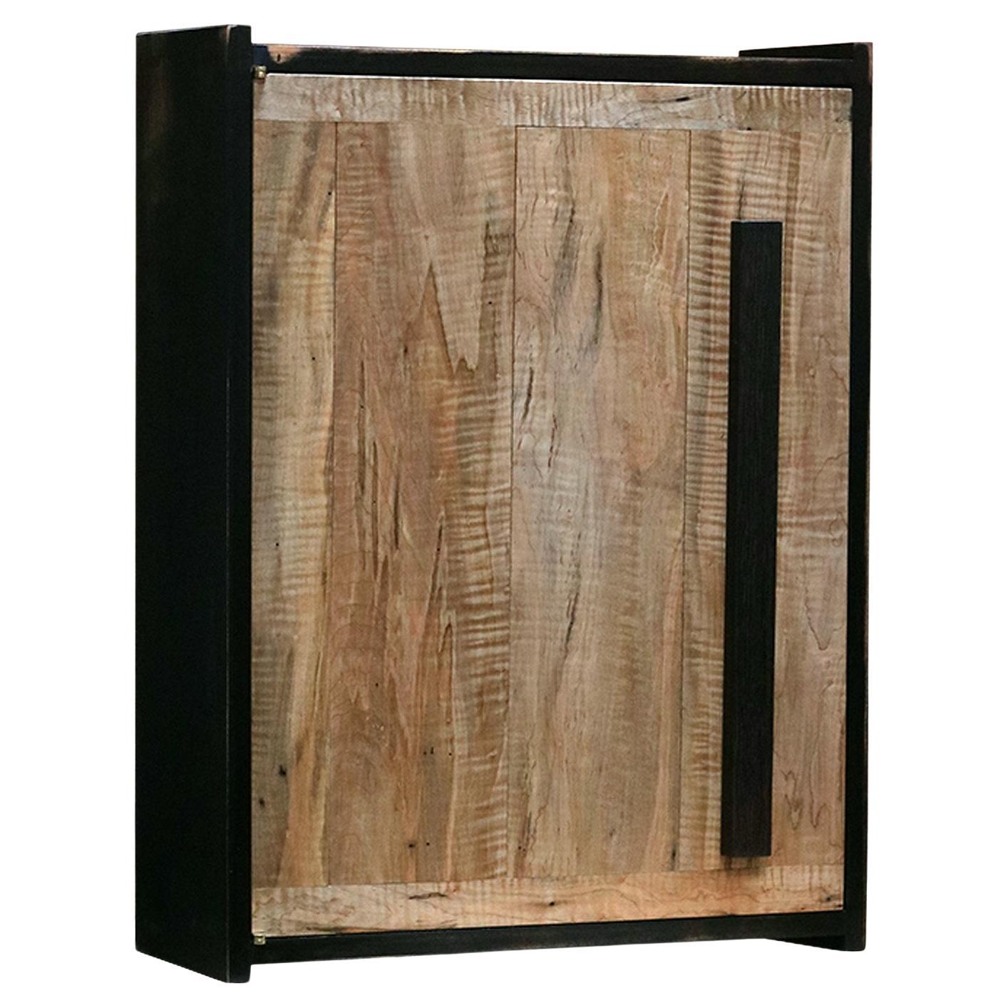 Mousai Dark Lightly Distressed Wall Cabinet With Figured Maple Doors For Sale