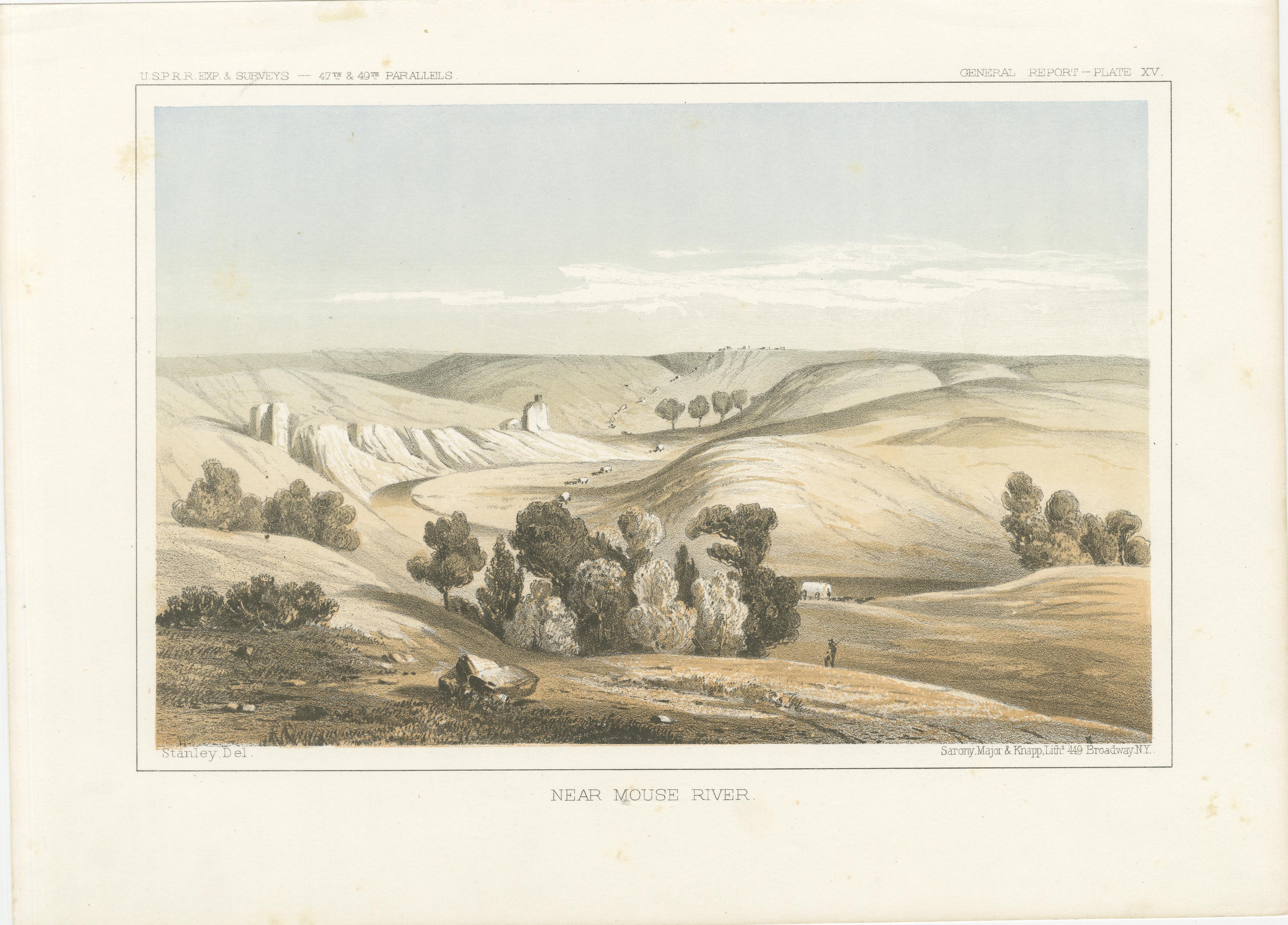 Title: Mouse River Landscape - Tinted Lithograph from the Pacific Railroad Survey, 1856  

Description:  This serene lithograph, 