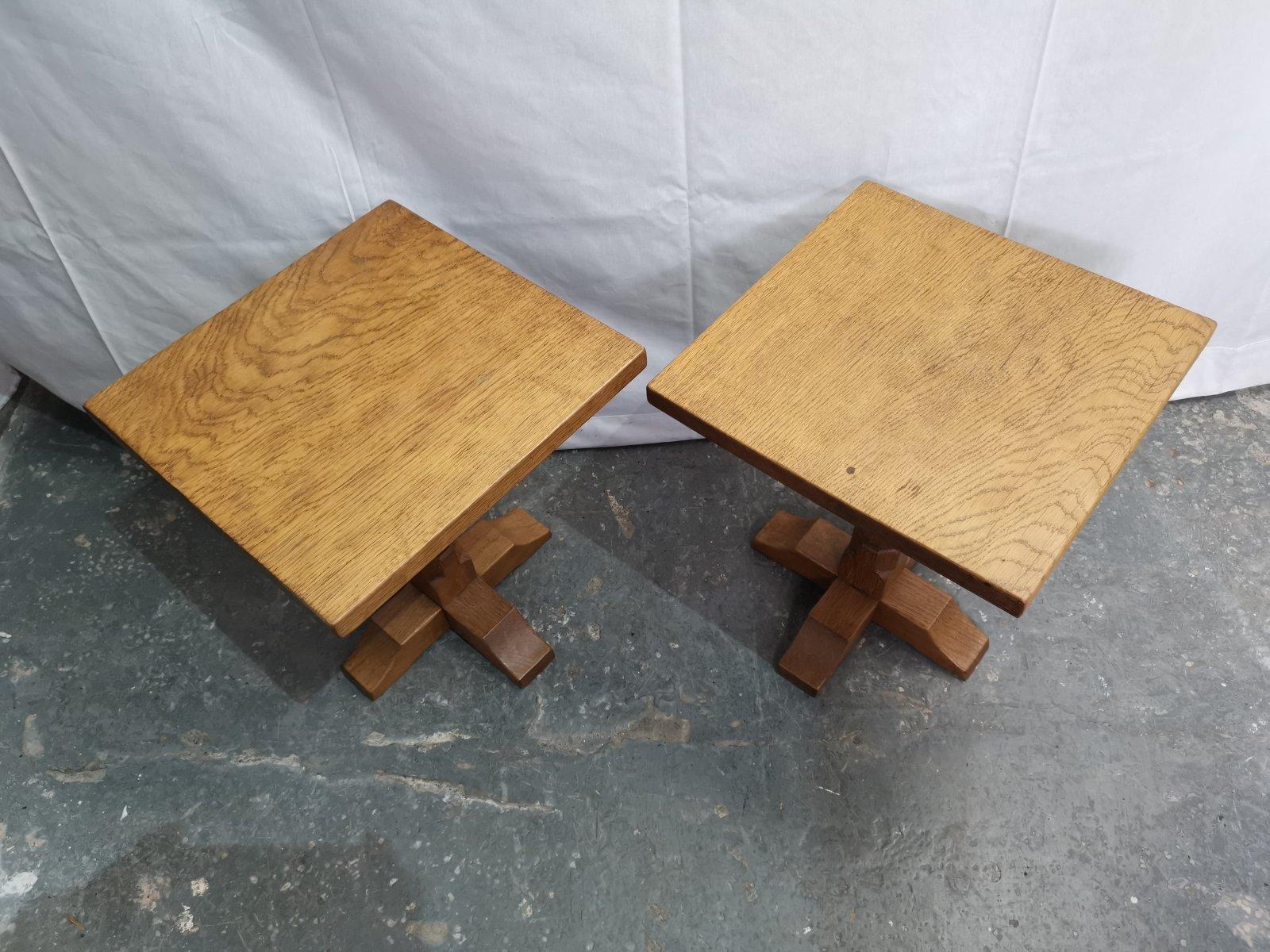 Arts and Crafts Mouseman in the Style of Pair of Arts & Crafts Yorkshire School Oak Side Tables For Sale
