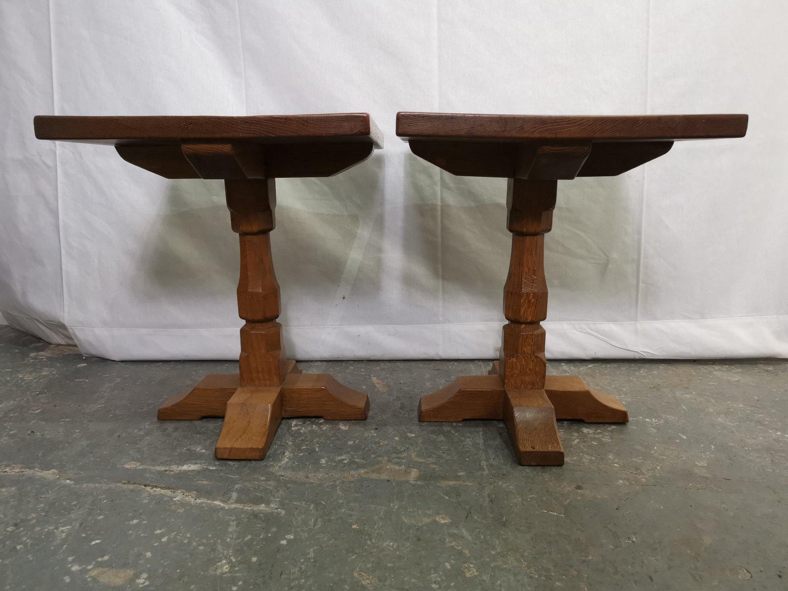 English Mouseman in the Style of Pair of Arts & Crafts Yorkshire School Oak Side Tables For Sale