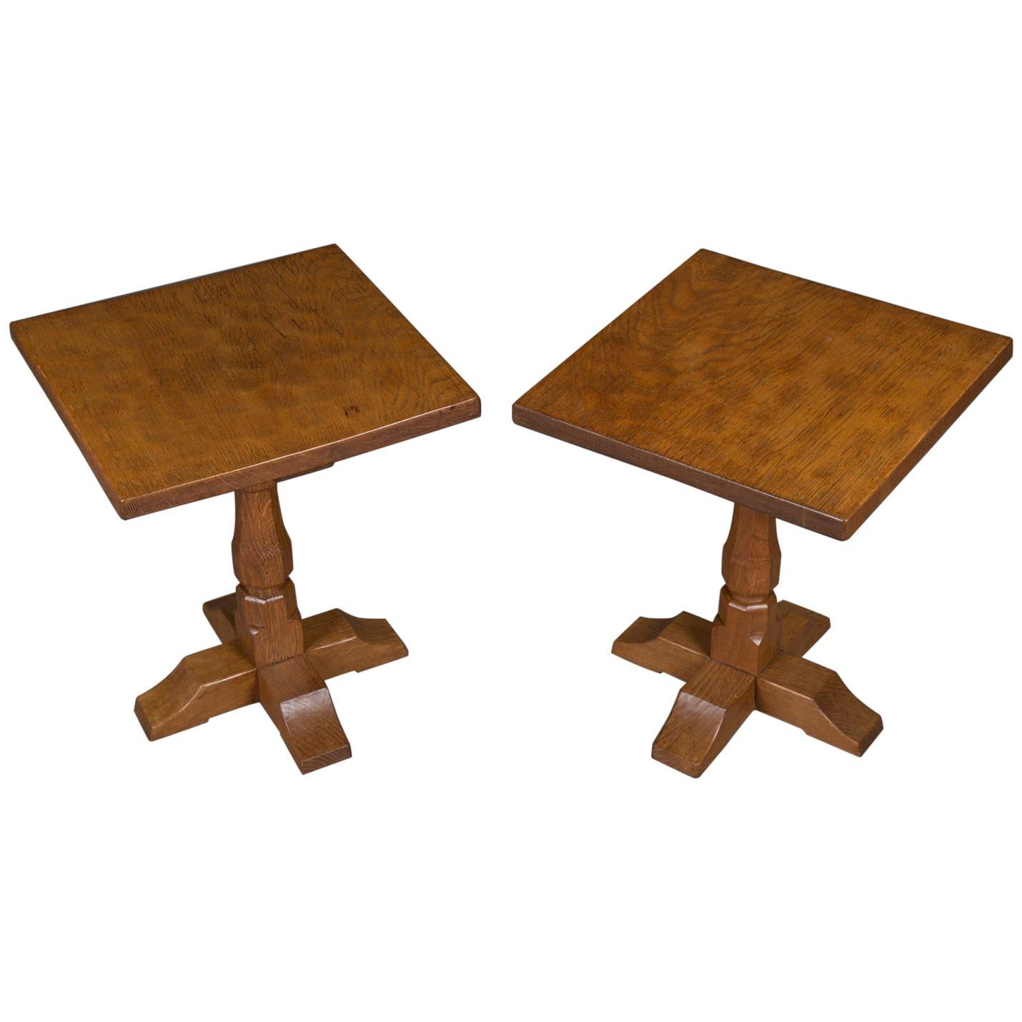 Mouseman in the Style of Pair of Arts & Crafts Yorkshire School Oak Side Tables For Sale