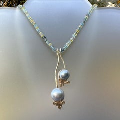 "Mousies" Pendant Pair in Yellow Gold with Tahitian Pearls on Aquamarine Chain