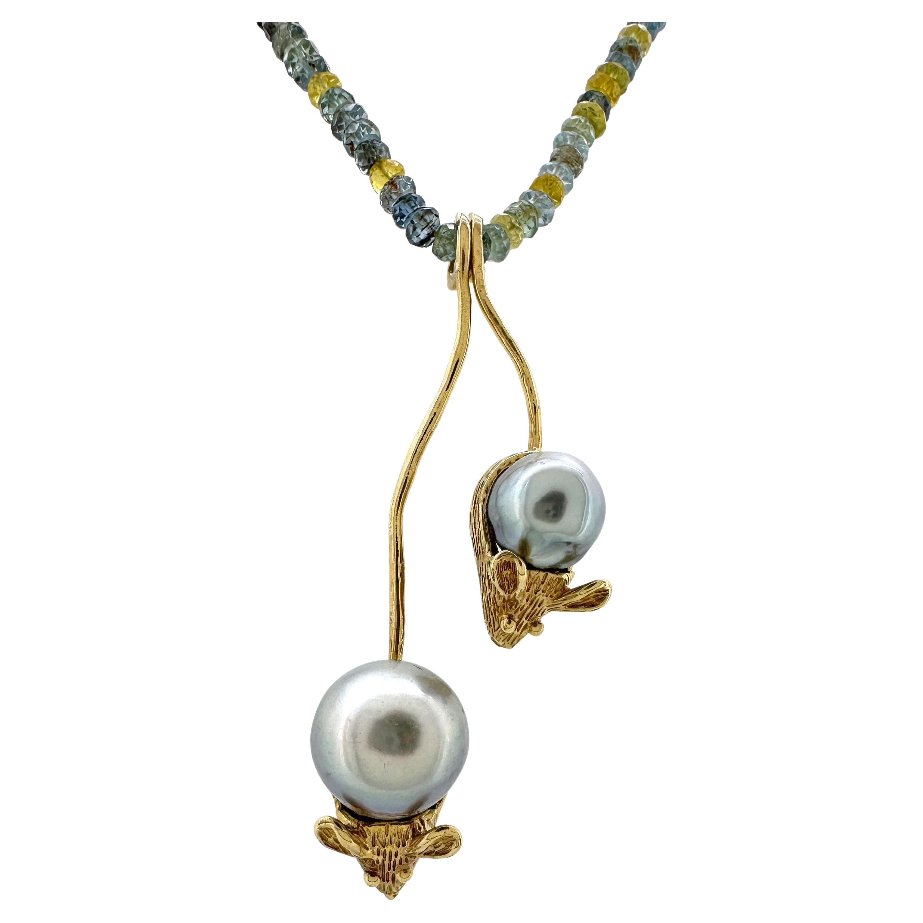 "Mousies" Pendant Pair in Yellow Gold with Tahitian Pearls on Aquamarine Chain For Sale