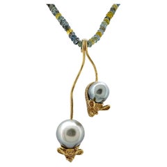 "Mousies" Pendant Pair in Yellow Gold with Tahitian Pearls on Aquamarine Chain