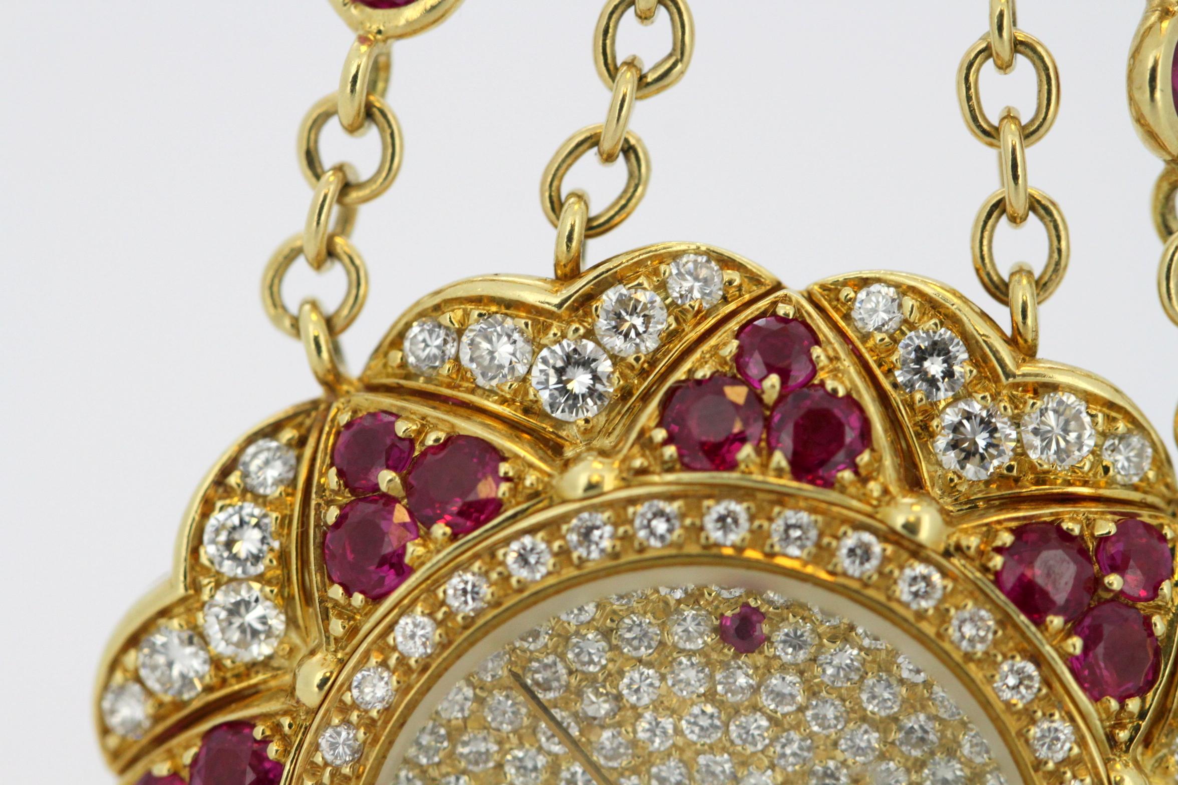 Moussaieff 18 Karat Gold Ladies Necklace Pendant Watch with Diamonds and Rubies 4