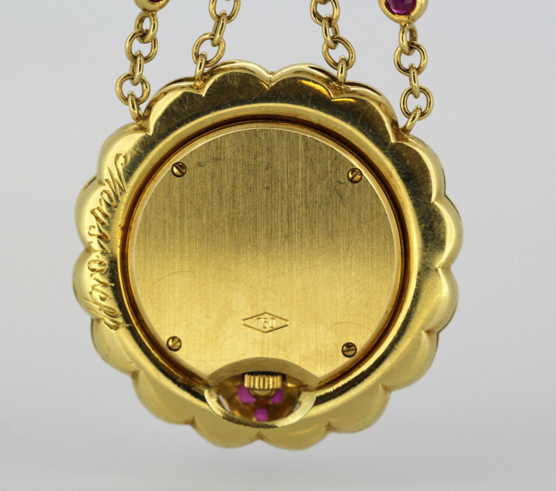 Moussaieff 18 Karat Gold Ladies Necklace Pendant Watch with Diamonds and Rubies 6