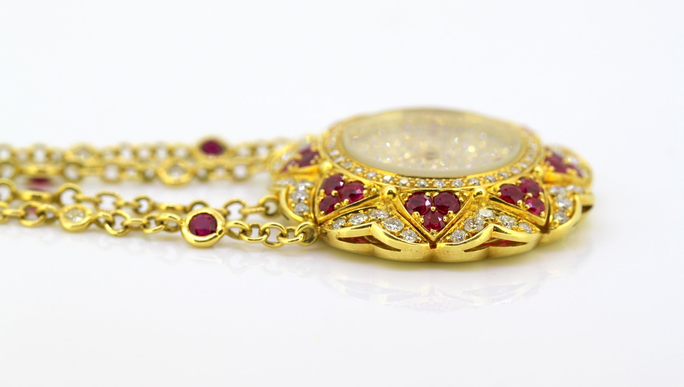 Moussaieff 18 Karat Gold Ladies Necklace Pendant Watch with Diamonds and Rubies 10