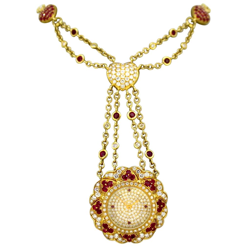 Moussaieff 18 Karat Gold Ladies Necklace Pendant Watch with Diamonds and Rubies
