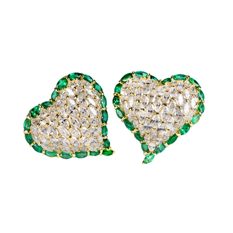 Moussaieff One-of-a-Kind Diamond and Emerald Heart Earrings For Sale