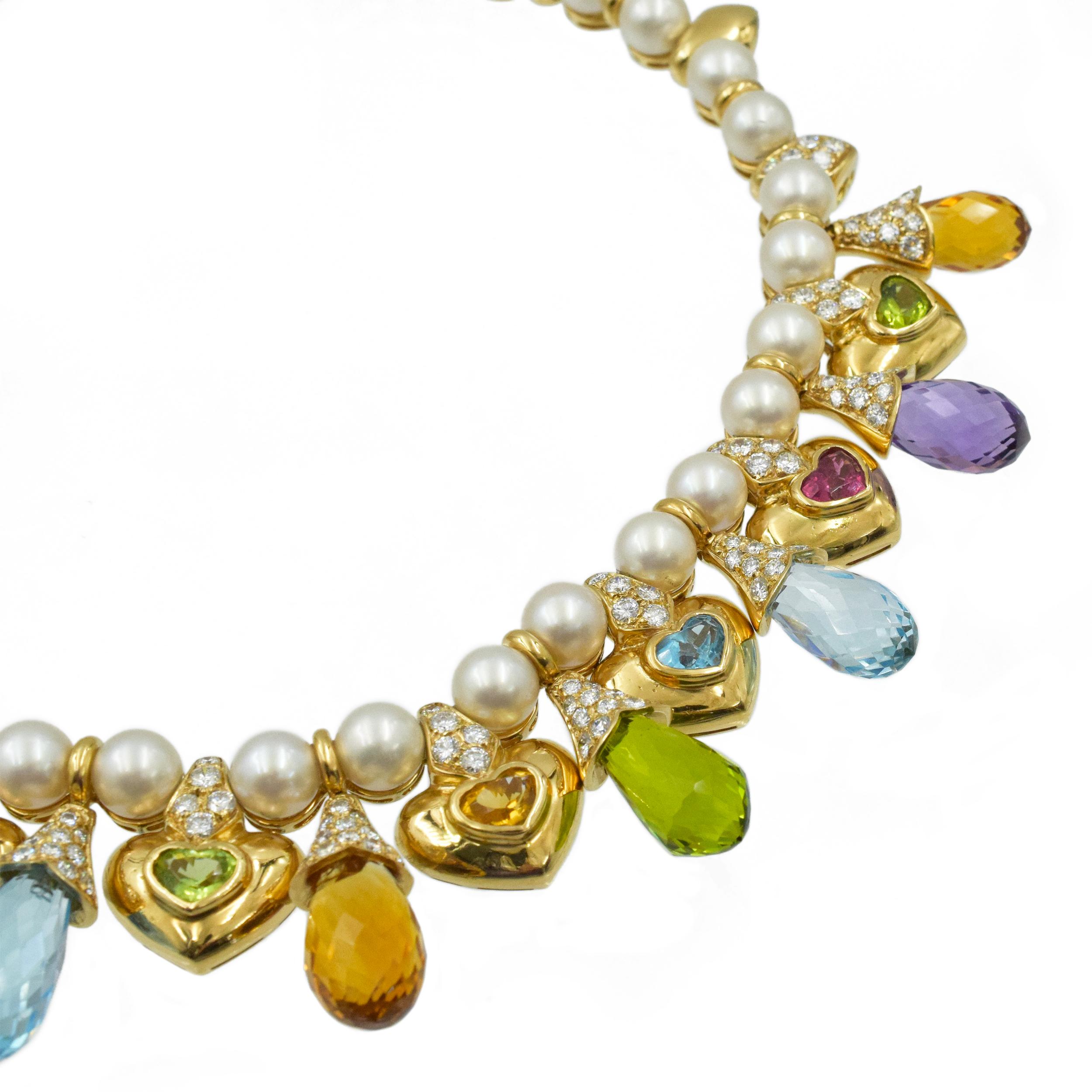 Moussaieff Pearl, Damond and Gemstone Necklace and Earring Set in 18k In Excellent Condition For Sale In New York, NY