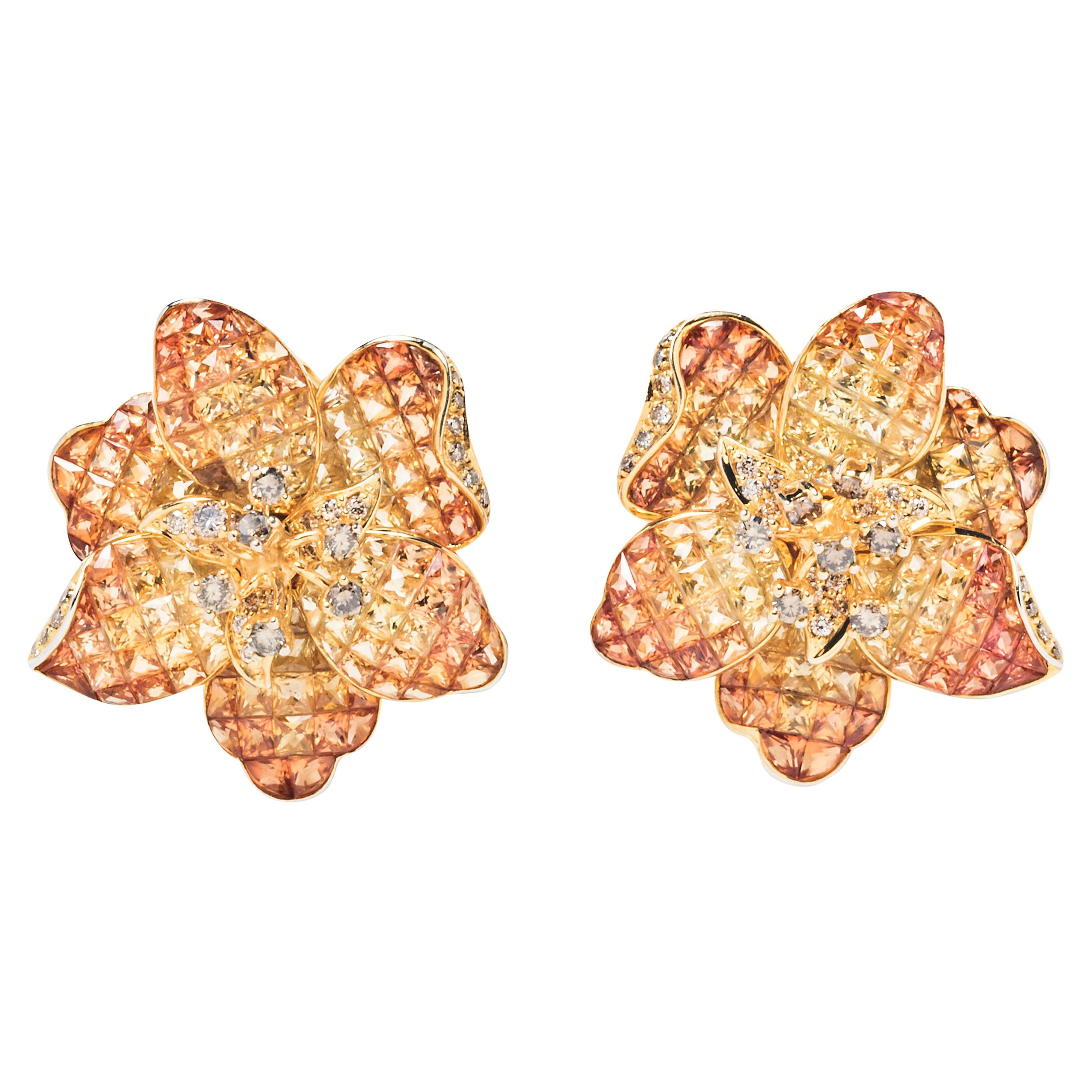 Moussaieff Yellow and Orange Sapphire Flower Ear Clips