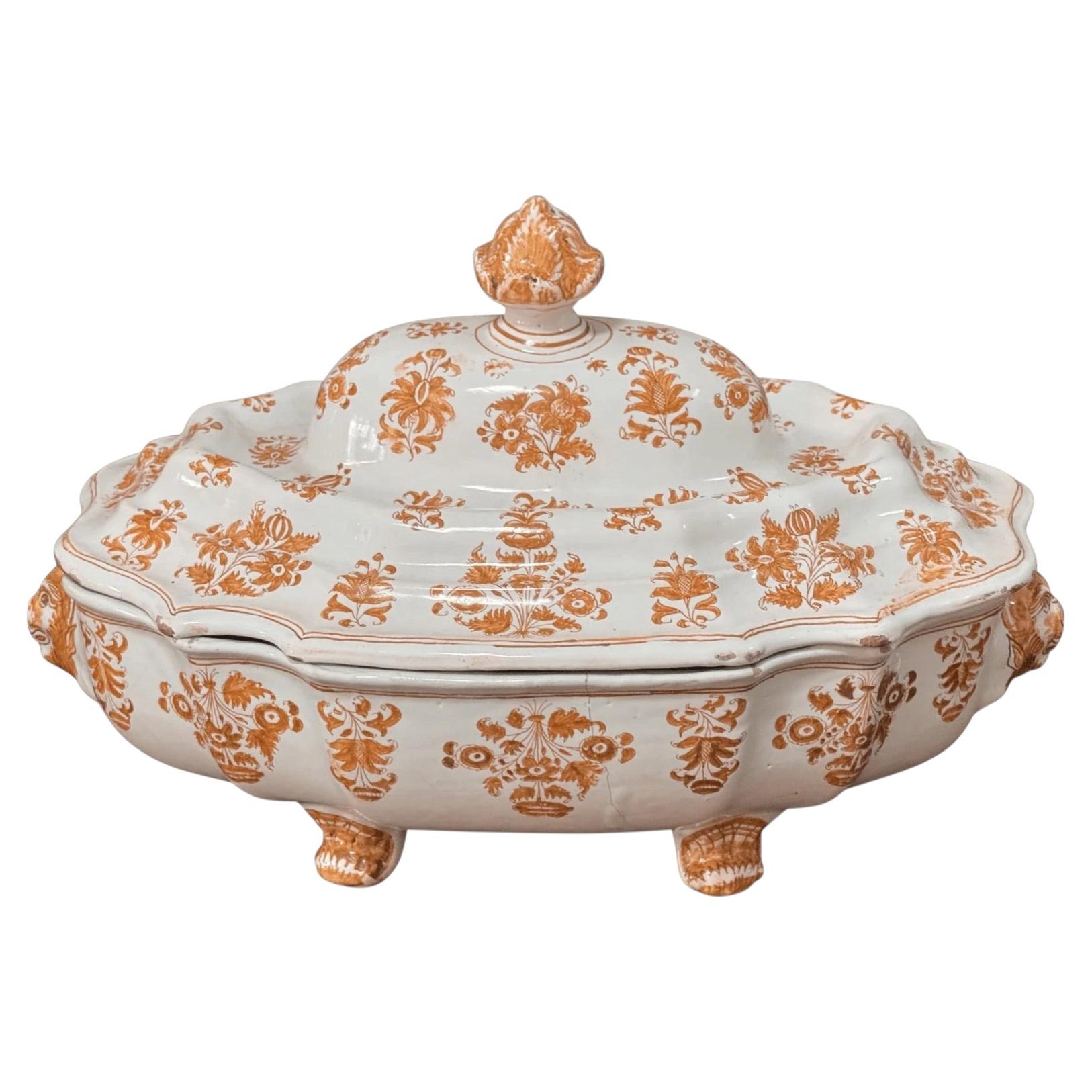 Moustiers Faience footed tureen and cover, c. 1760, France For Sale