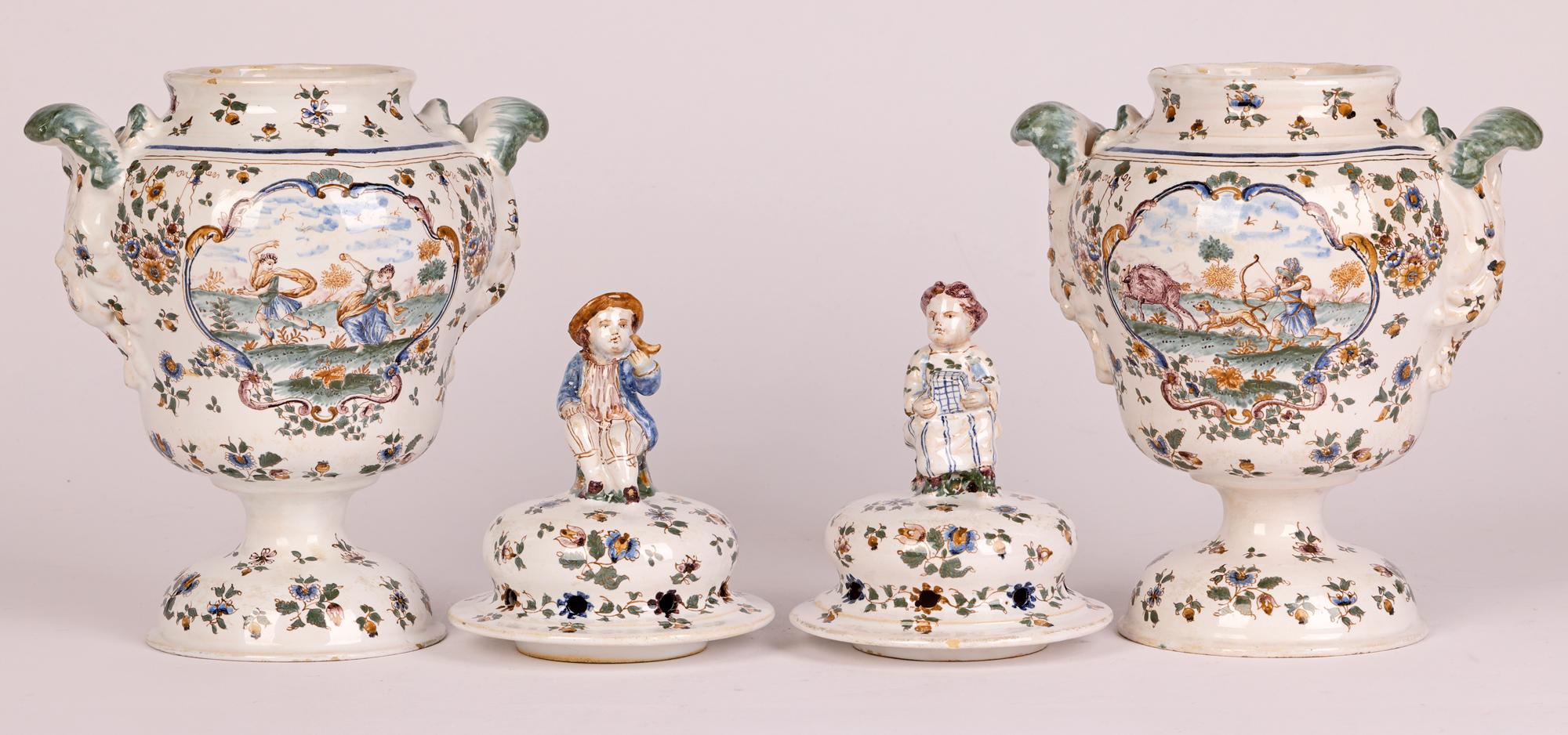 French Provincial Moustiers Pair French Faience Figural Mounted Pottery Pot Pourri Vases For Sale