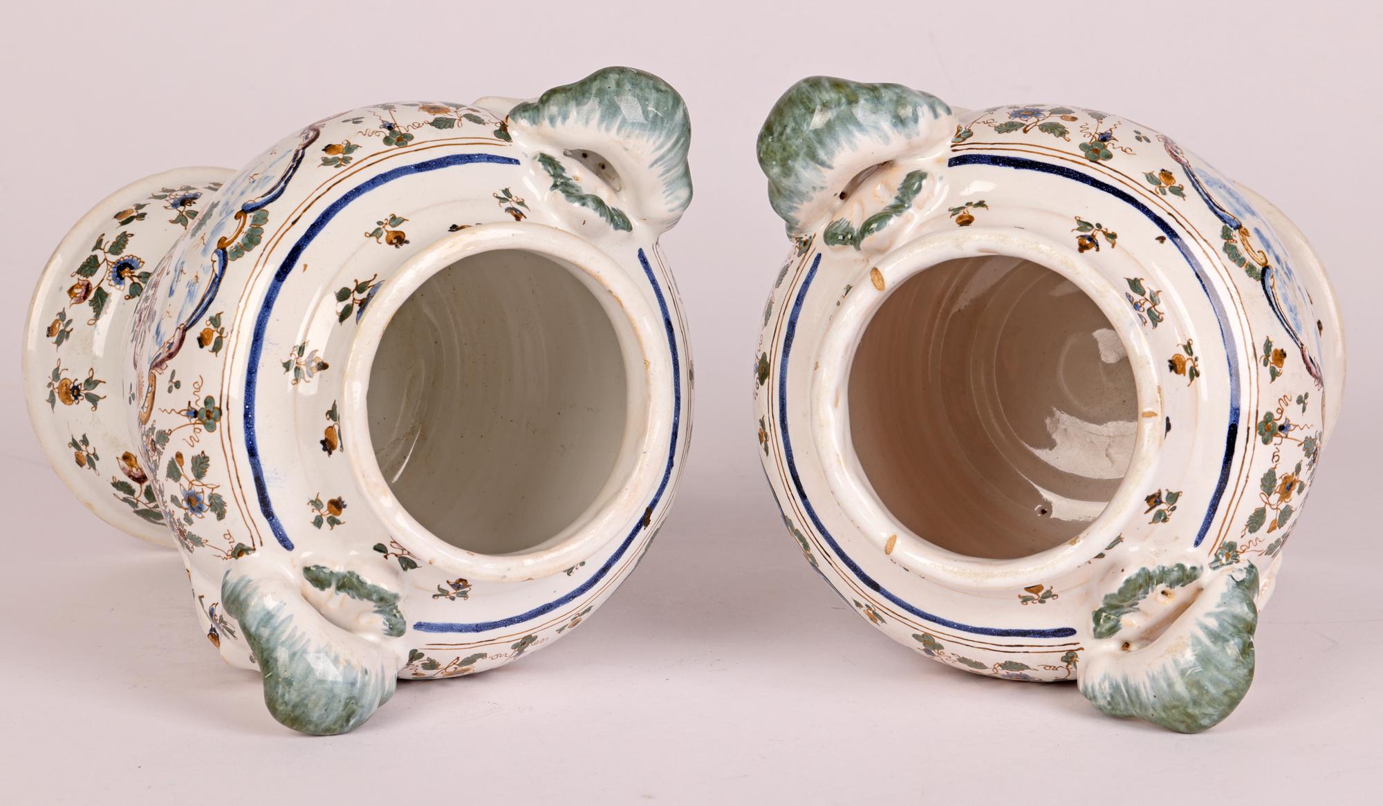 19th Century Moustiers Pair French Faience Figural Mounted Pottery Pot Pourri Vases For Sale
